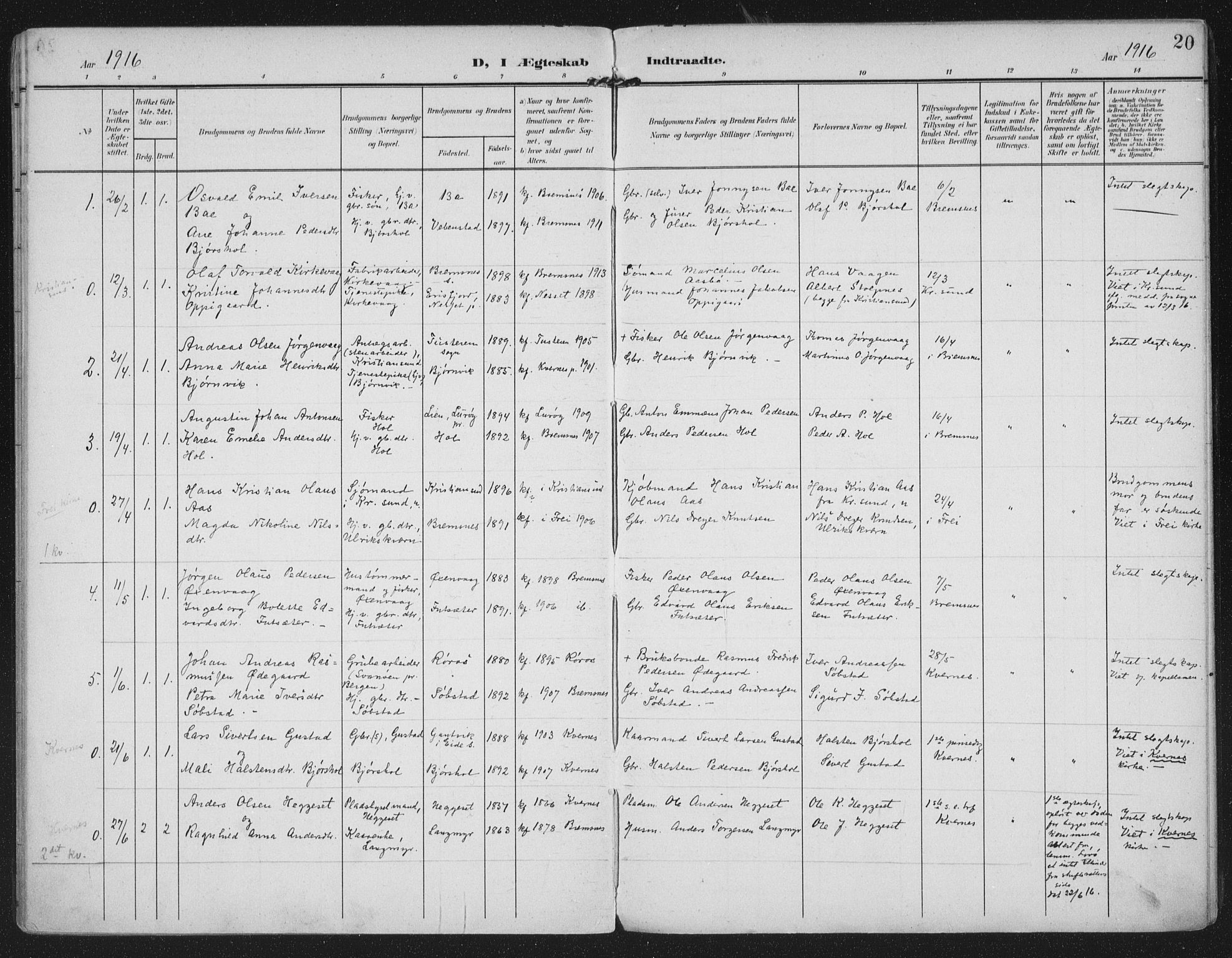 Ministerialprotokoller, klokkerbøker og fødselsregistre - Møre og Romsdal, AV/SAT-A-1454/569/L0822: Parish register (official) no. 569A08, 1908-1919, p. 20