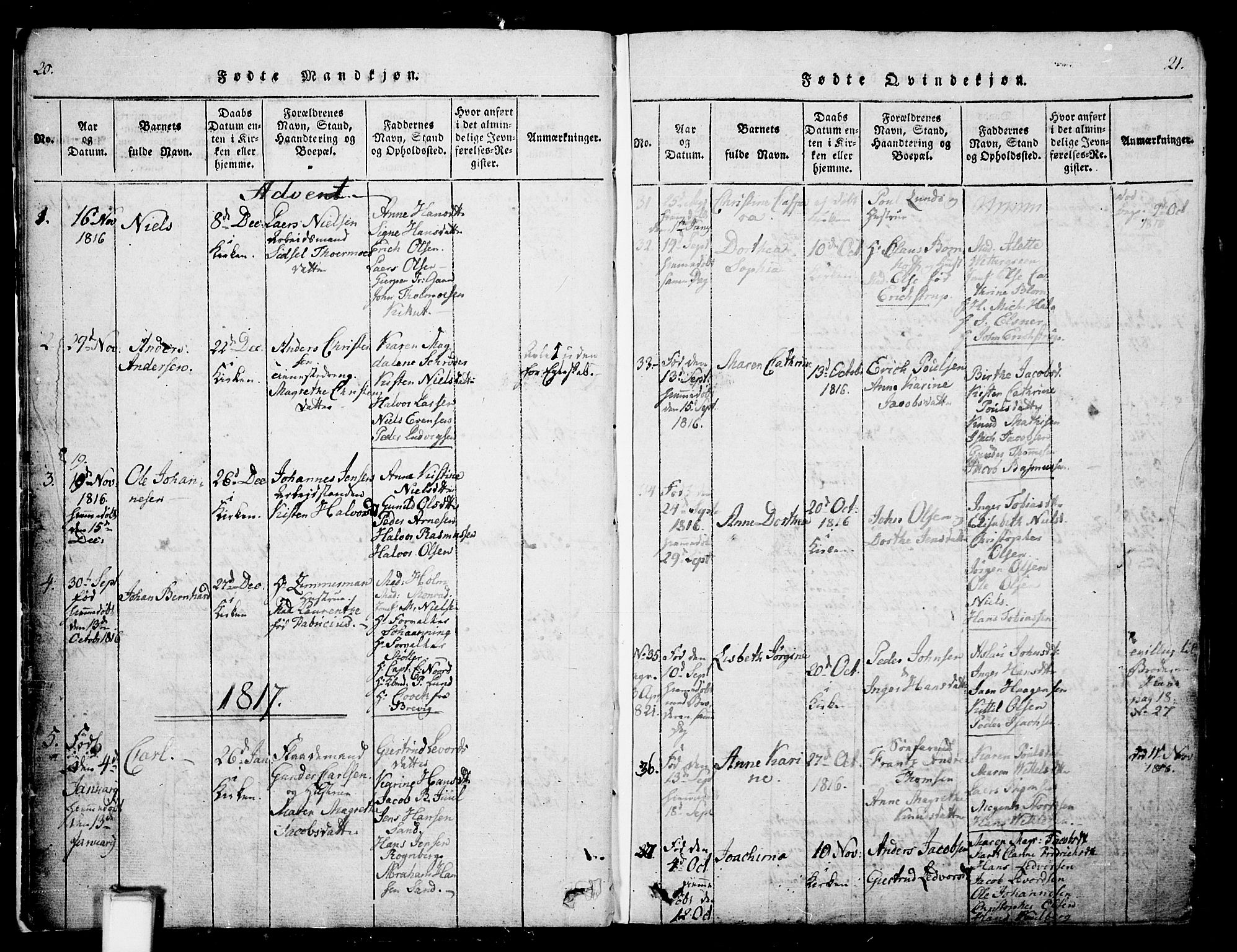 Skien kirkebøker, SAKO/A-302/G/Ga/L0002: Parish register (copy) no. 2, 1814-1842, p. 20-21