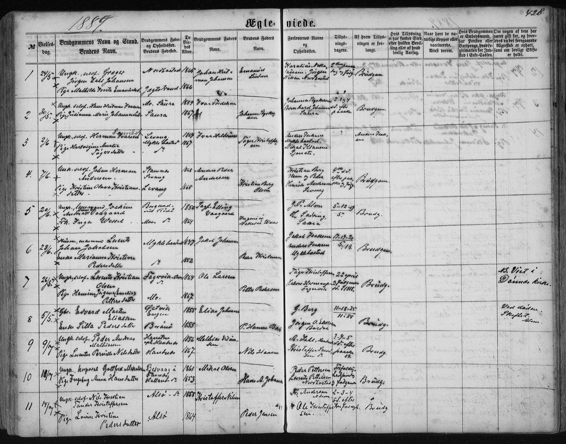 Ministerialprotokoller, klokkerbøker og fødselsregistre - Nordland, AV/SAT-A-1459/838/L0556: Parish register (copy) no. 838C03, 1861-1893, p. 428