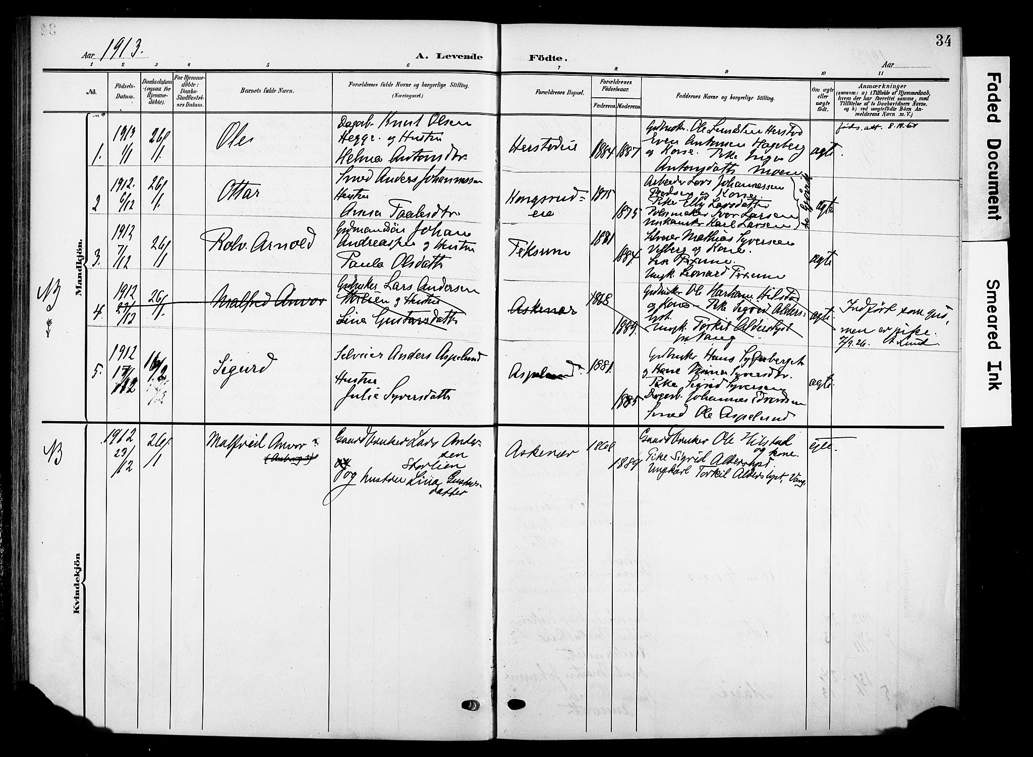 Nes prestekontor, Hedmark, AV/SAH-PREST-020/K/Ka/L0013: Parish register (official) no. 13, 1906-1924, p. 34