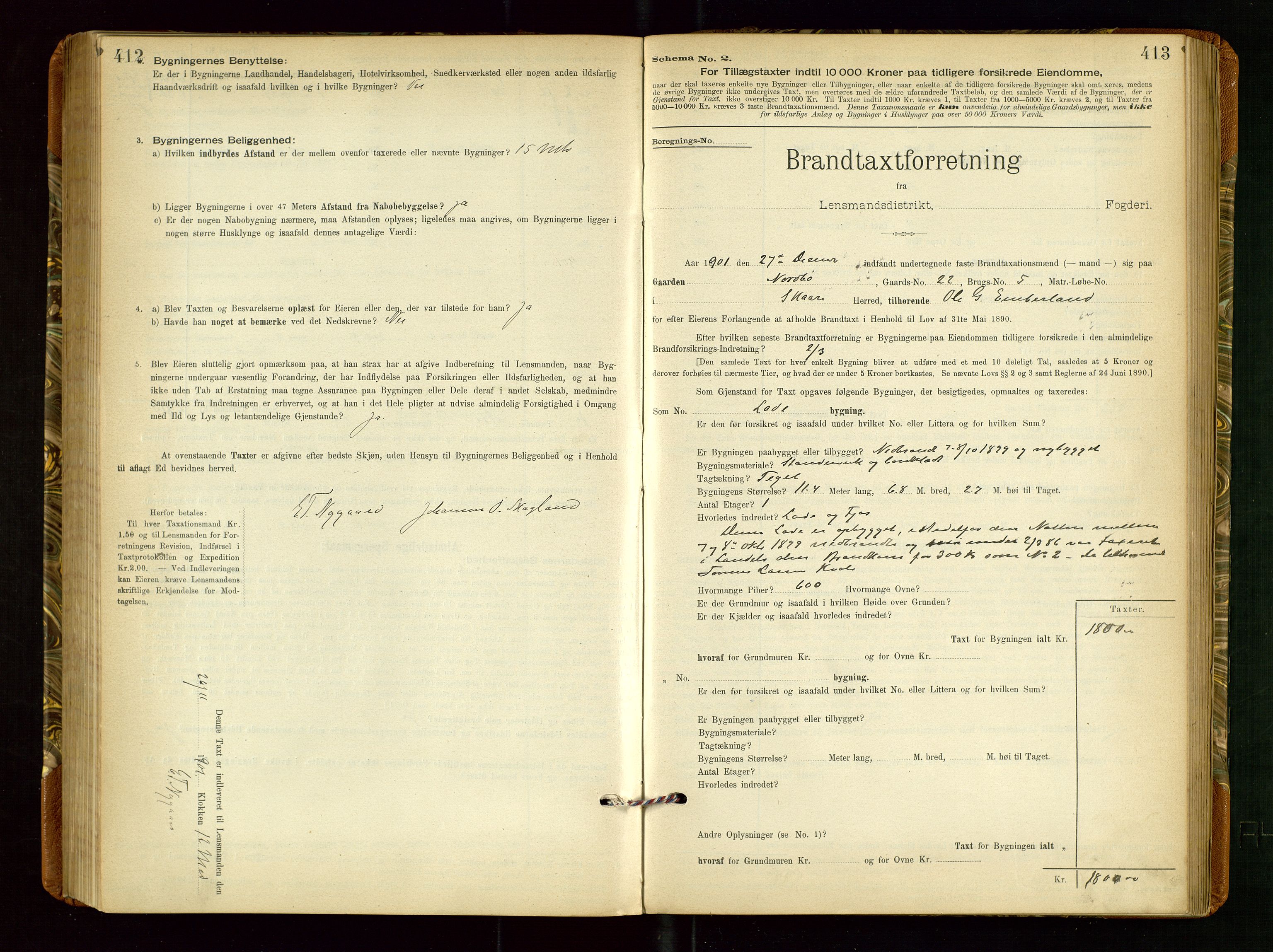 Torvestad lensmannskontor, SAST/A-100307/1/Gob/L0002: "Brandtakstprotokol for Lensmanden i Torvestad", 1900-1905, p. 412-413