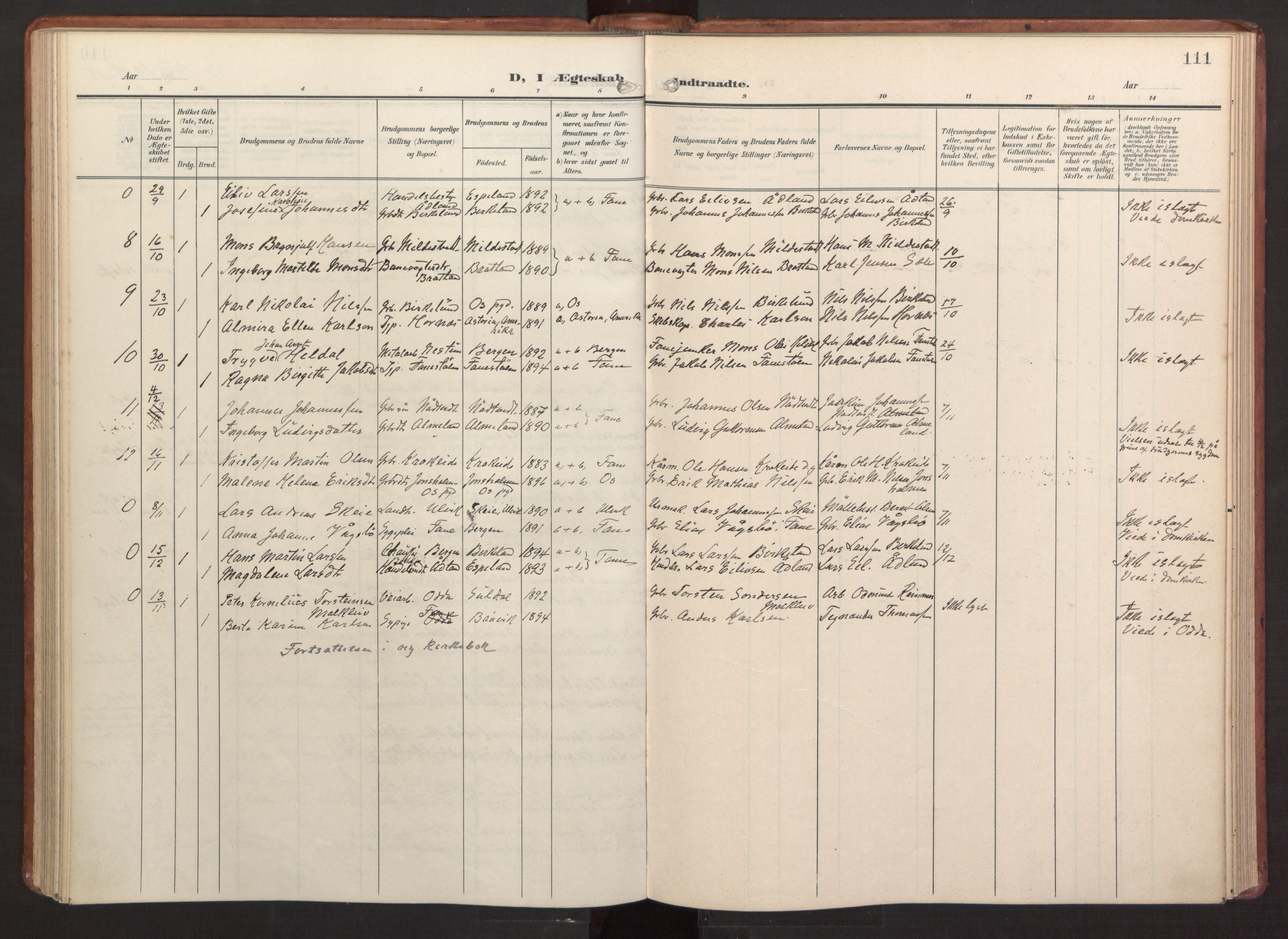 Fana Sokneprestembete, AV/SAB-A-75101/H/Haa/Haab/L0004: Parish register (official) no. B 4, 1908-1915, p. 111