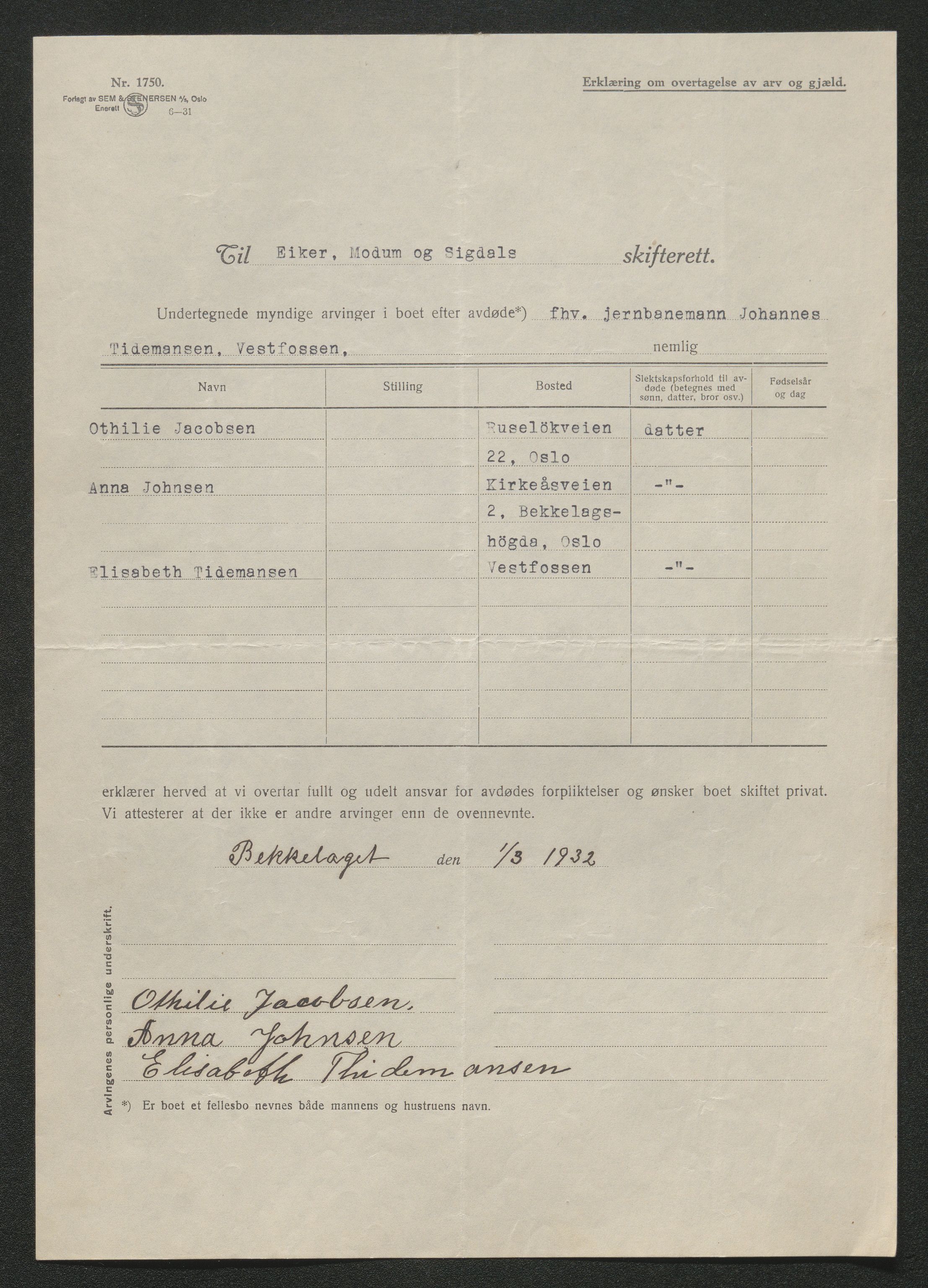 Eiker, Modum og Sigdal sorenskriveri, AV/SAKO-A-123/H/Ha/Hab/L0047: Dødsfallsmeldinger, 1932, p. 62