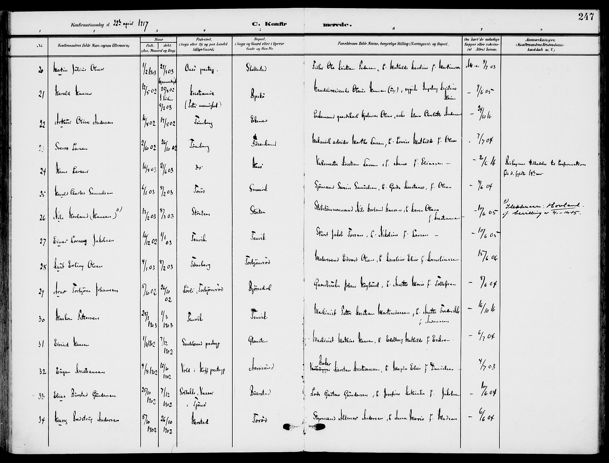 Nøtterøy kirkebøker, AV/SAKO-A-354/F/Fa/L0010: Parish register (official) no. I 10, 1908-1919, p. 247