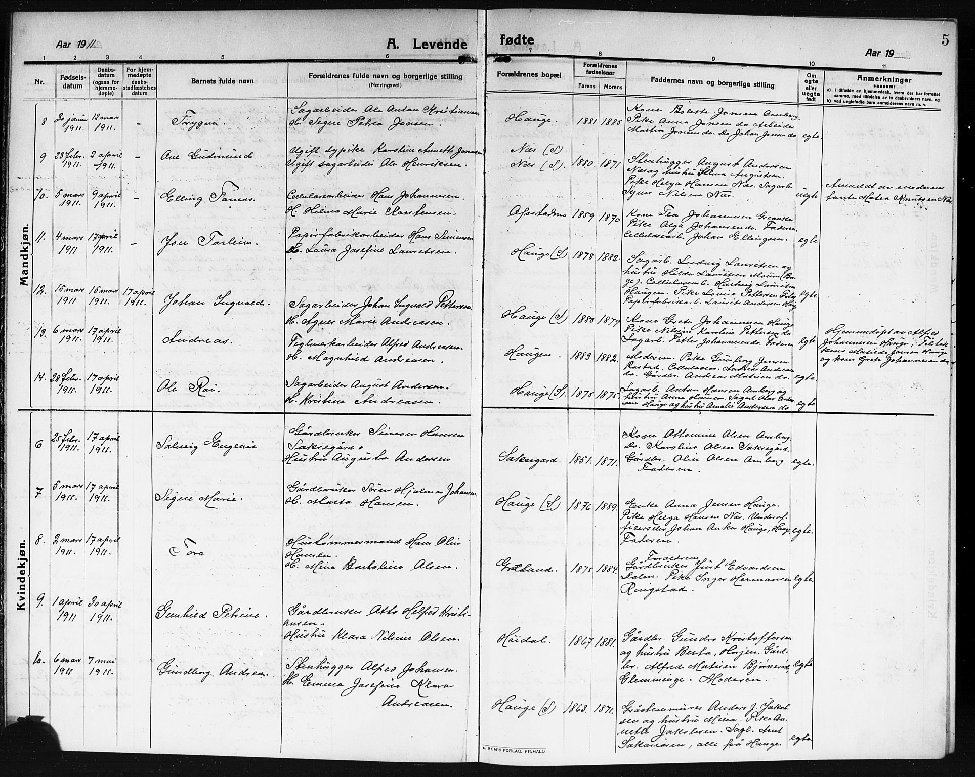 Rolvsøy prestekontor Kirkebøker, AV/SAO-A-2004/G/Ga/L0001: Parish register (copy) no. 1, 1911-1920, p. 5