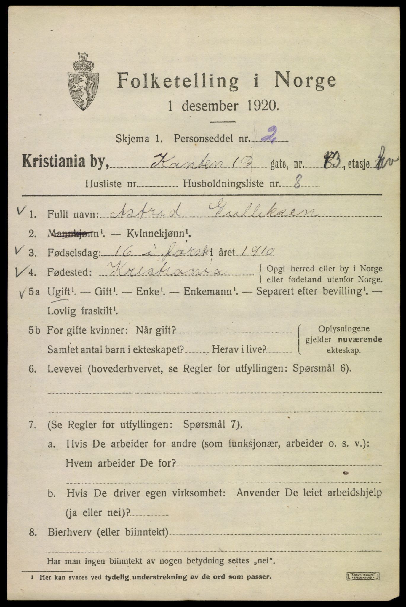 SAO, 1920 census for Kristiania, 1920, p. 327443