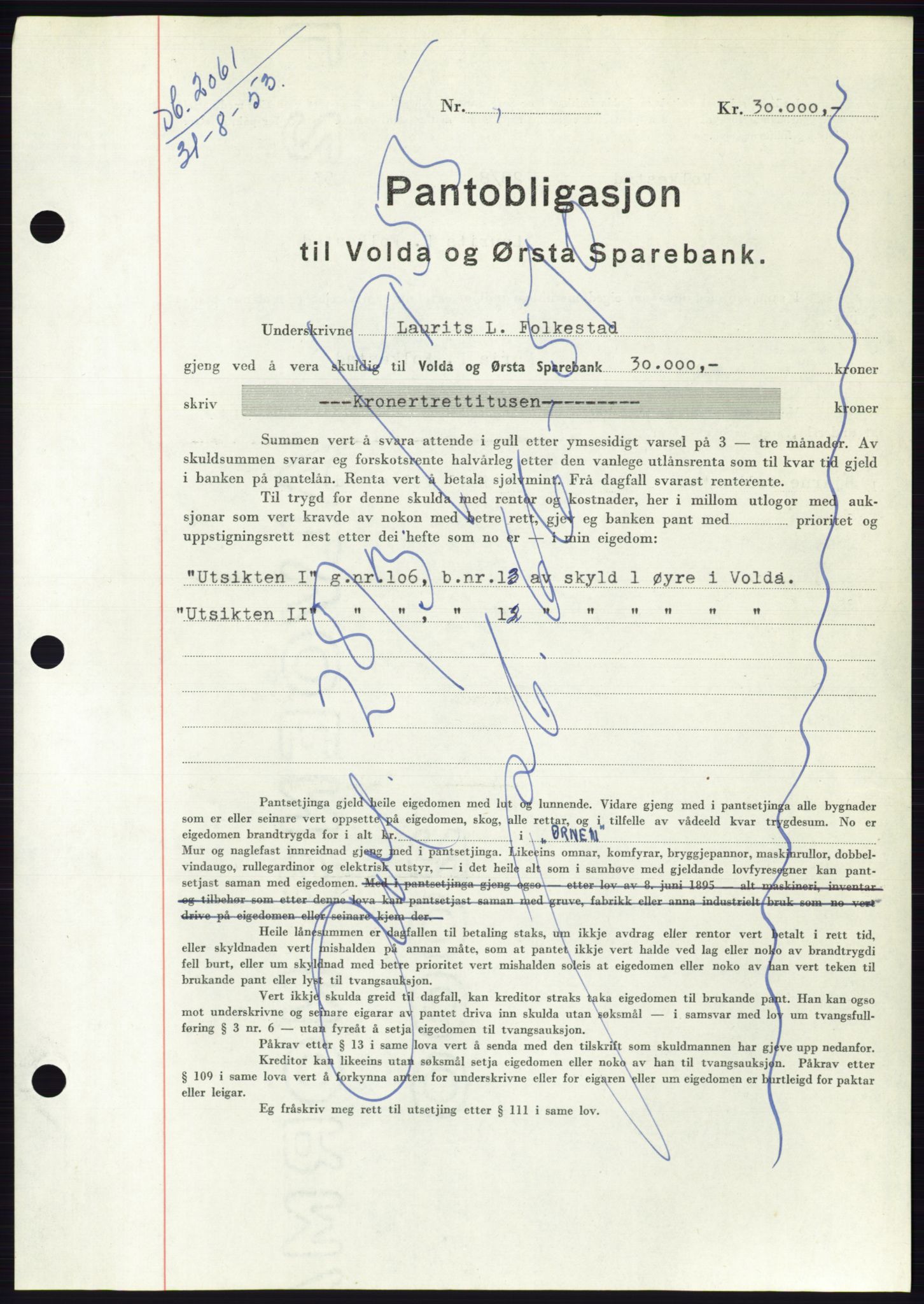 Søre Sunnmøre sorenskriveri, AV/SAT-A-4122/1/2/2C/L0123: Mortgage book no. 11B, 1953-1953, Diary no: : 2061/1953