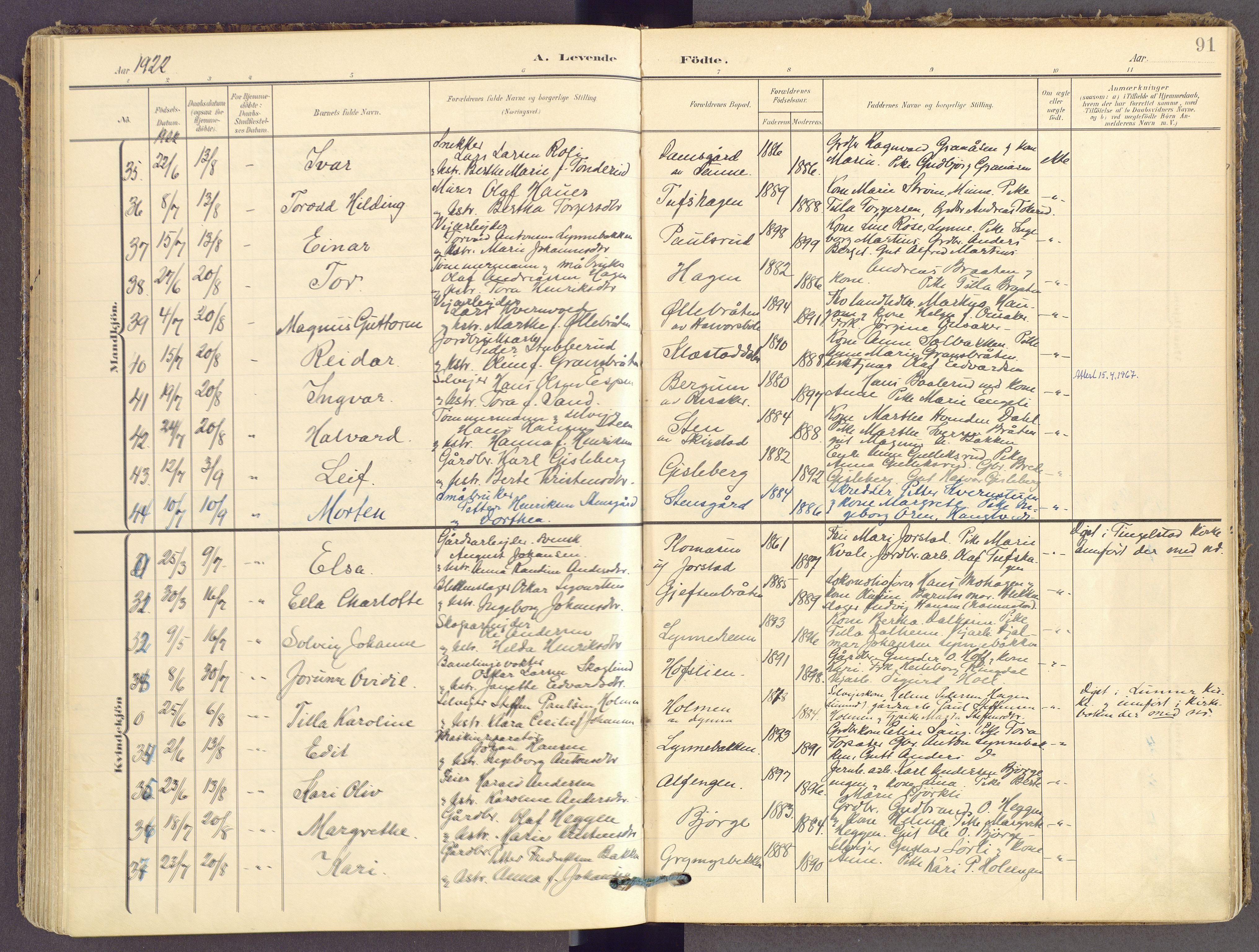 Gran prestekontor, SAH/PREST-112/H/Ha/Haa/L0021: Parish register (official) no. 21, 1908-1932, p. 91