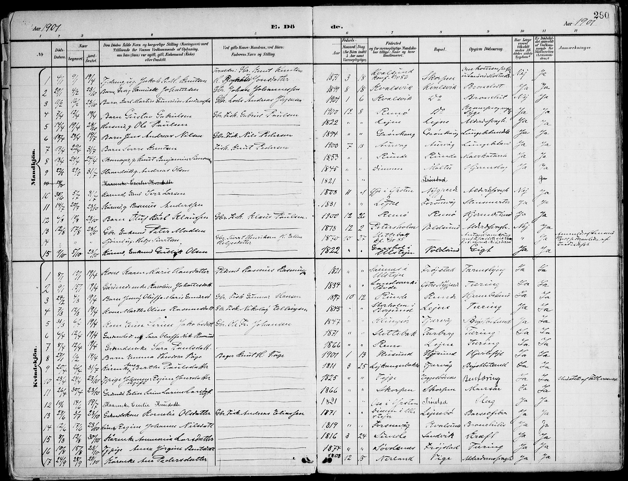Ministerialprotokoller, klokkerbøker og fødselsregistre - Møre og Romsdal, SAT/A-1454/507/L0075: Parish register (official) no. 507A10, 1901-1920, p. 280