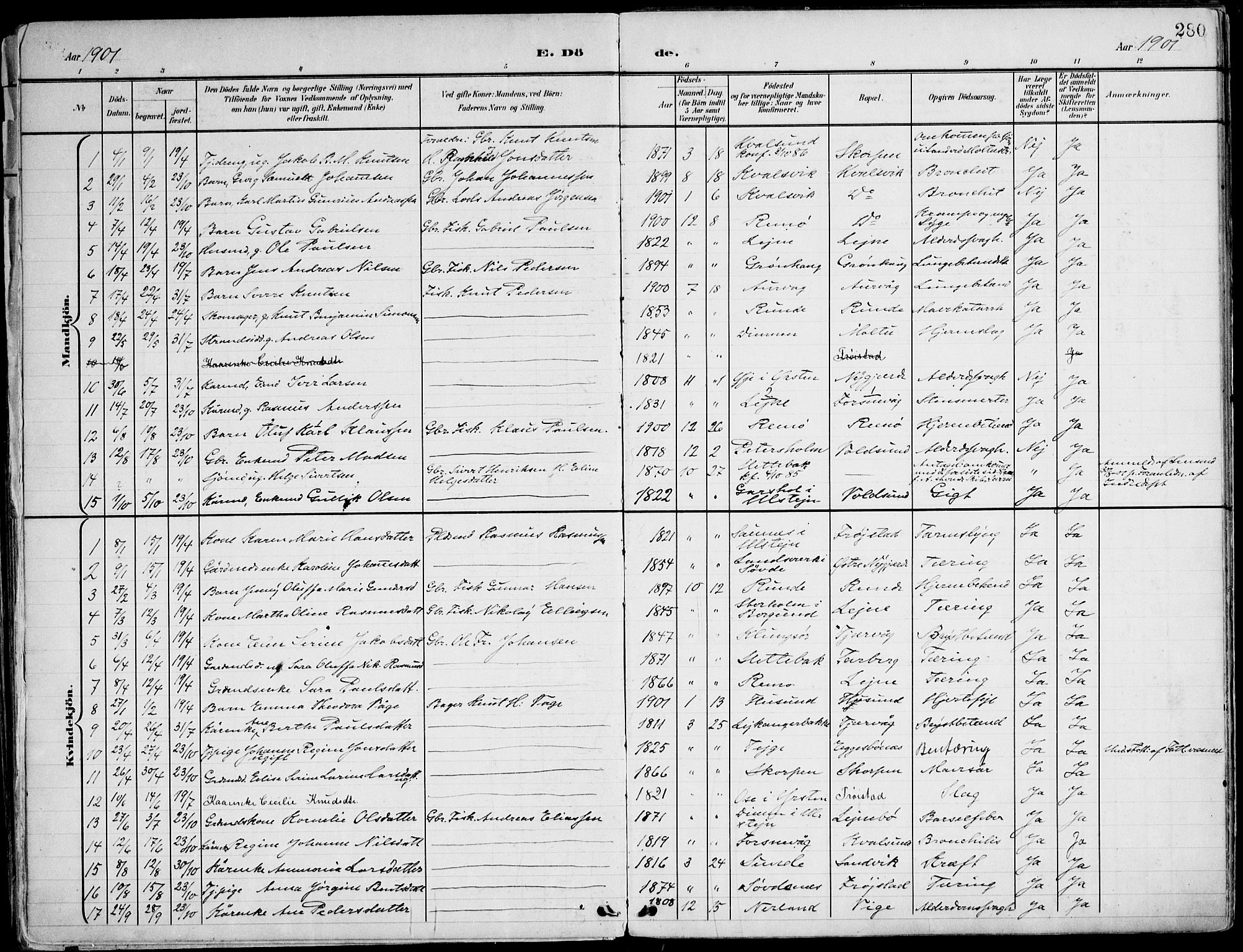 Ministerialprotokoller, klokkerbøker og fødselsregistre - Møre og Romsdal, AV/SAT-A-1454/507/L0075: Parish register (official) no. 507A10, 1901-1920, p. 280