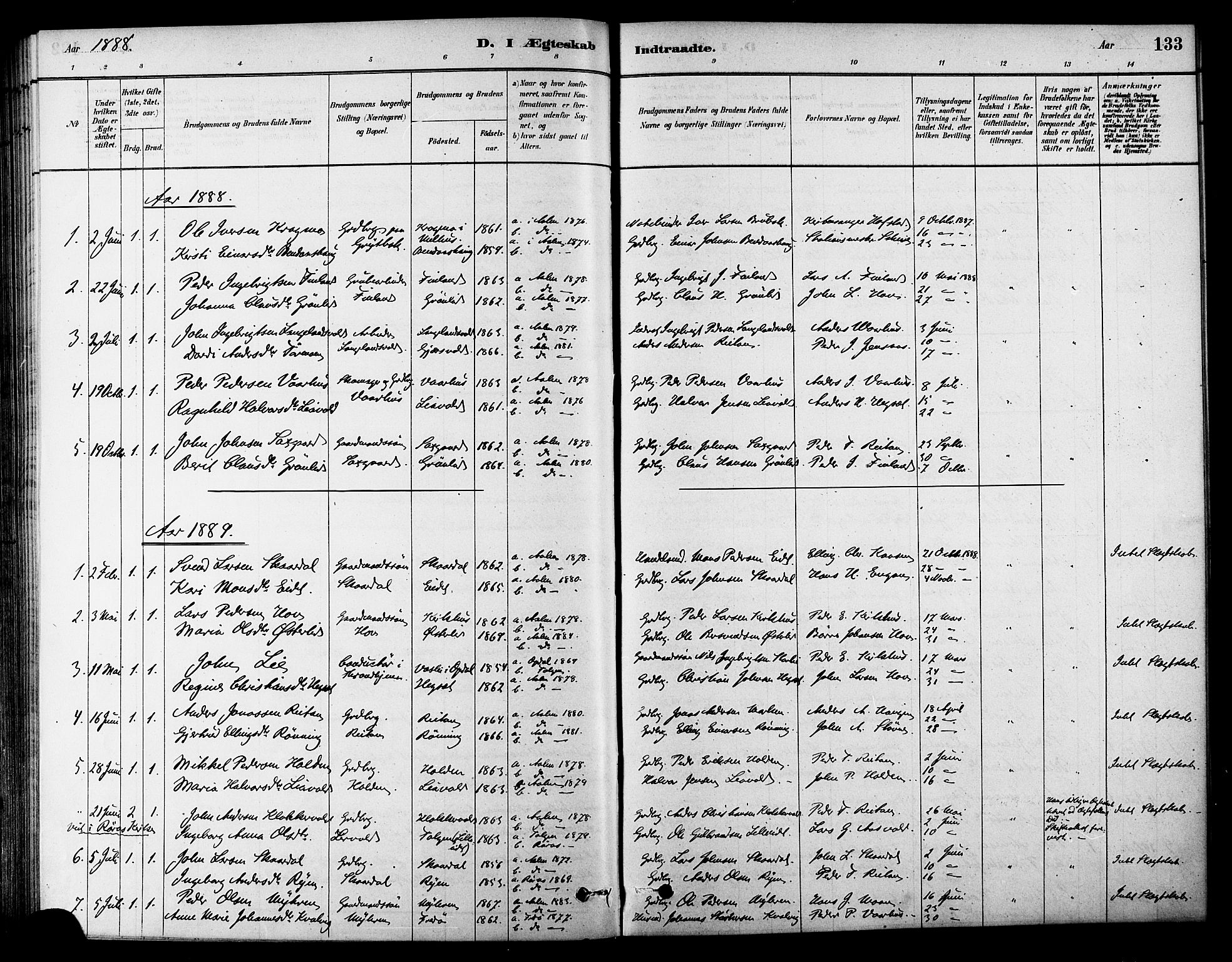 Ministerialprotokoller, klokkerbøker og fødselsregistre - Sør-Trøndelag, AV/SAT-A-1456/686/L0983: Parish register (official) no. 686A01, 1879-1890, p. 133