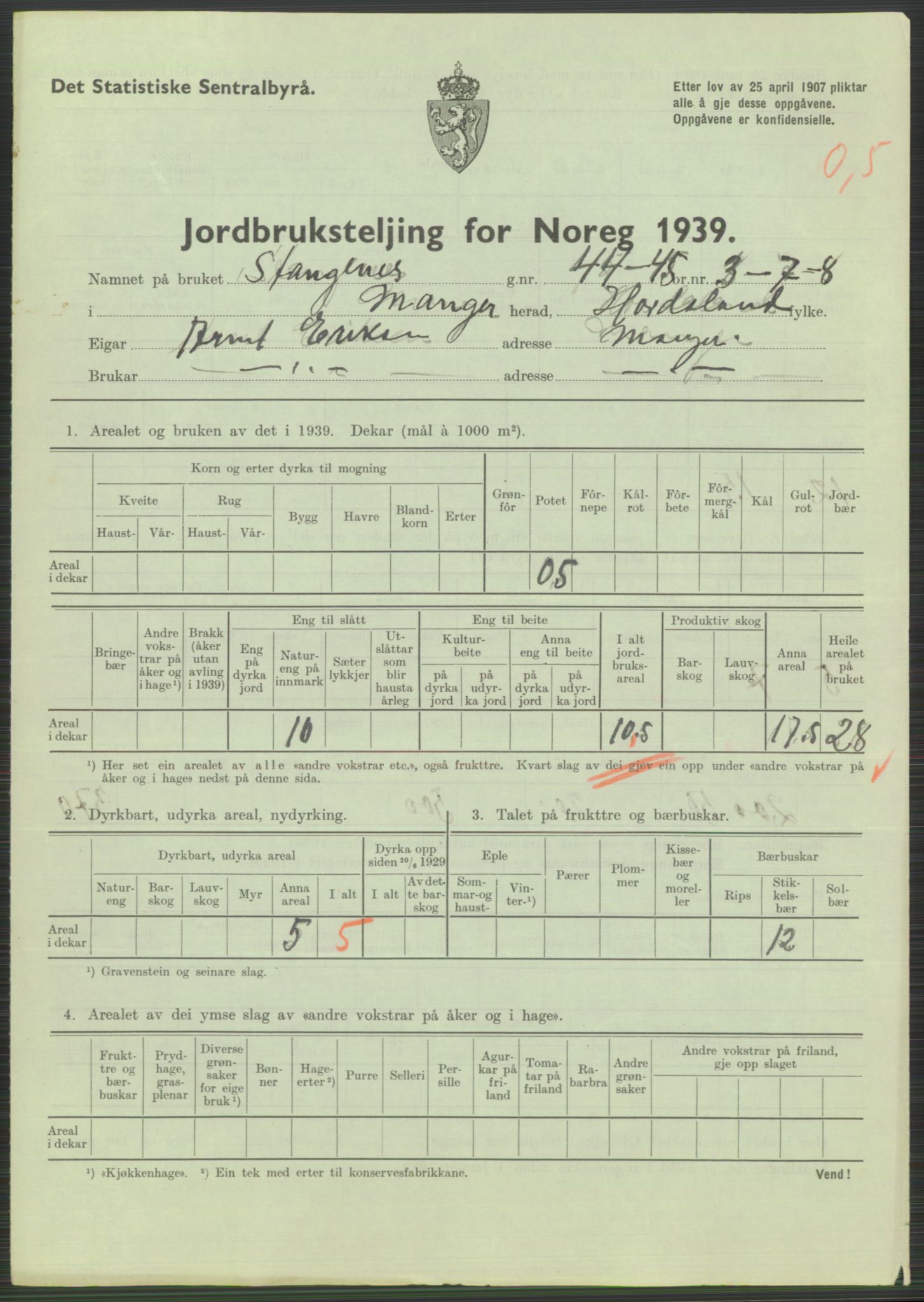 Statistisk sentralbyrå, Næringsøkonomiske emner, Jordbruk, skogbruk, jakt, fiske og fangst, AV/RA-S-2234/G/Gb/L0211: Hordaland: Herdla, Hjelme og Manger, 1939, p. 1461