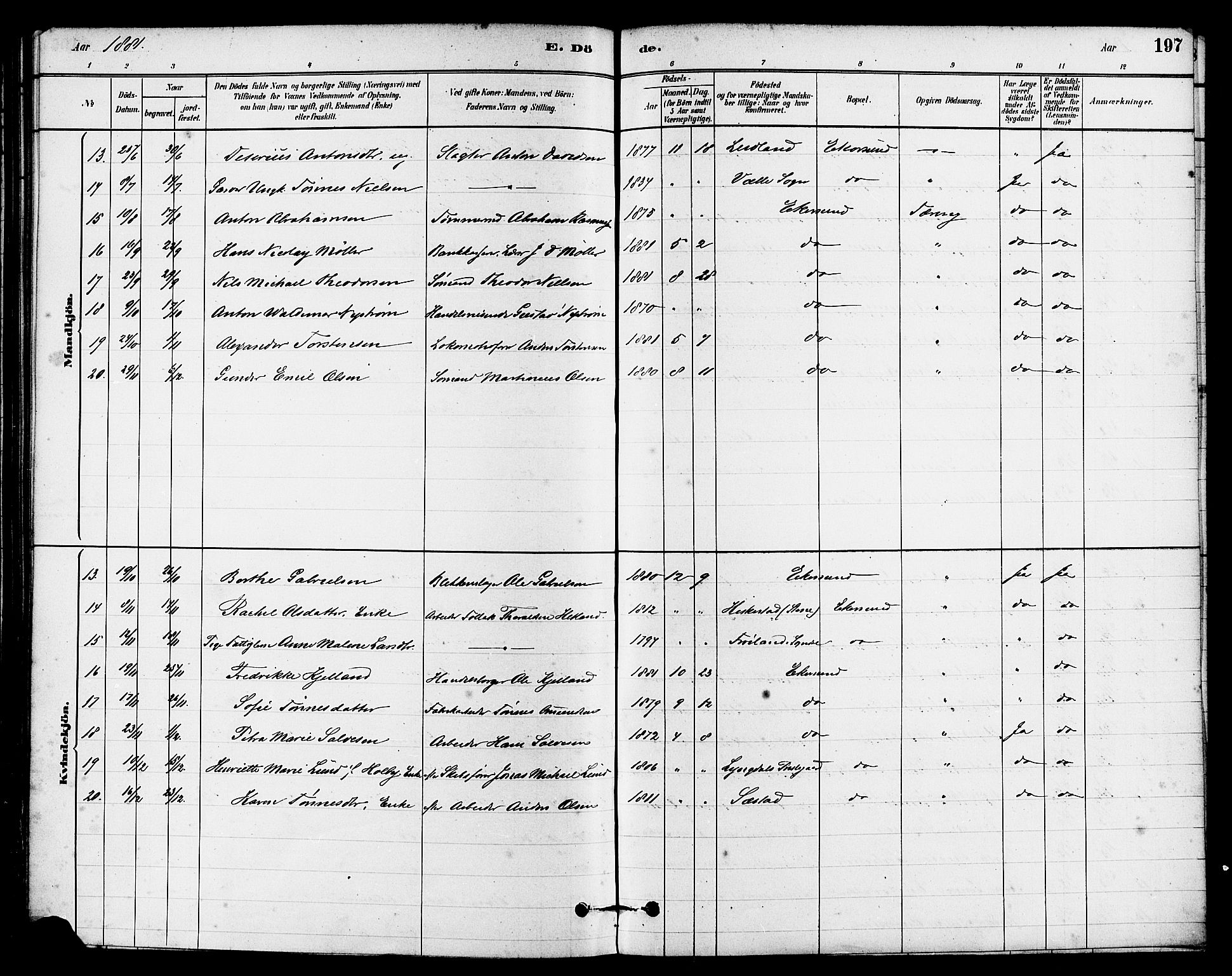 Eigersund sokneprestkontor, AV/SAST-A-101807/S08/L0015: Parish register (official) no. A 15, 1879-1892, p. 197