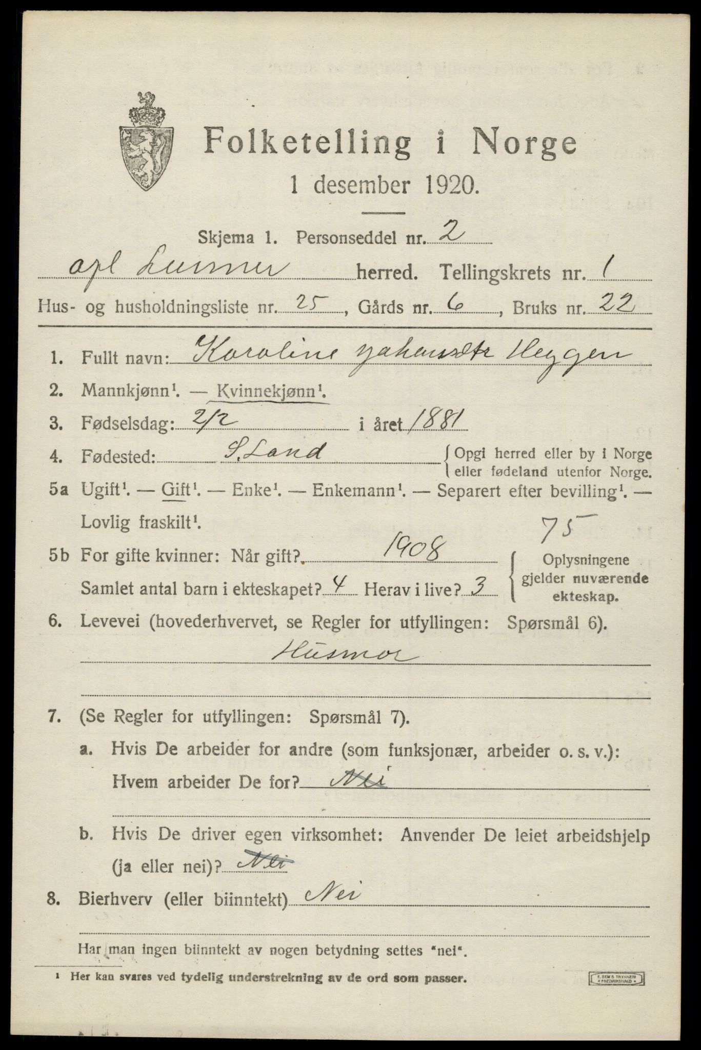 SAH, 1920 census for Lunner, 1920, p. 1933