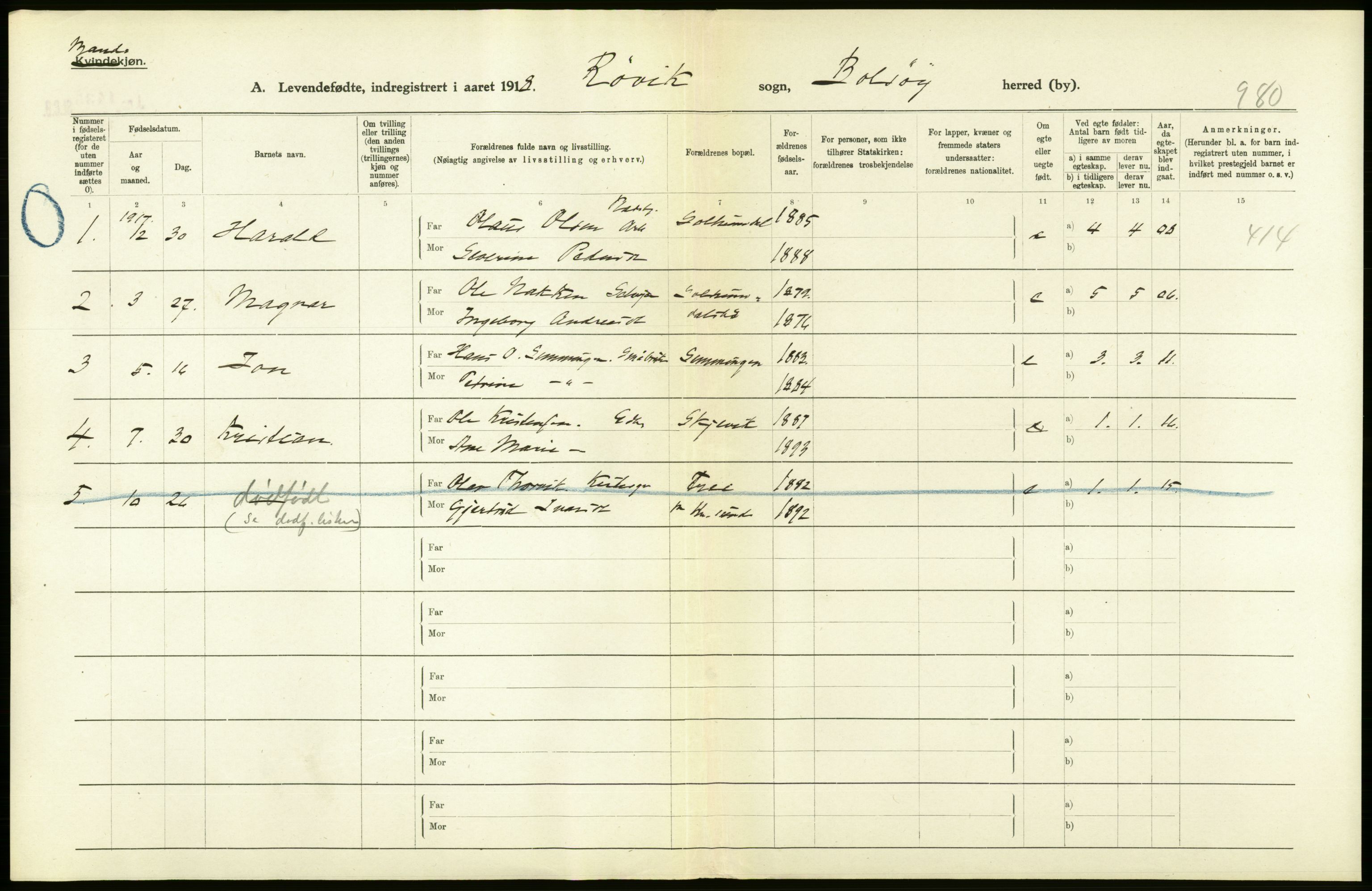 Statistisk sentralbyrå, Sosiodemografiske emner, Befolkning, RA/S-2228/D/Df/Dfb/Dfbh/L0043: Møre fylke: Levendefødte menn og kvinner. Bygder., 1918, p. 466