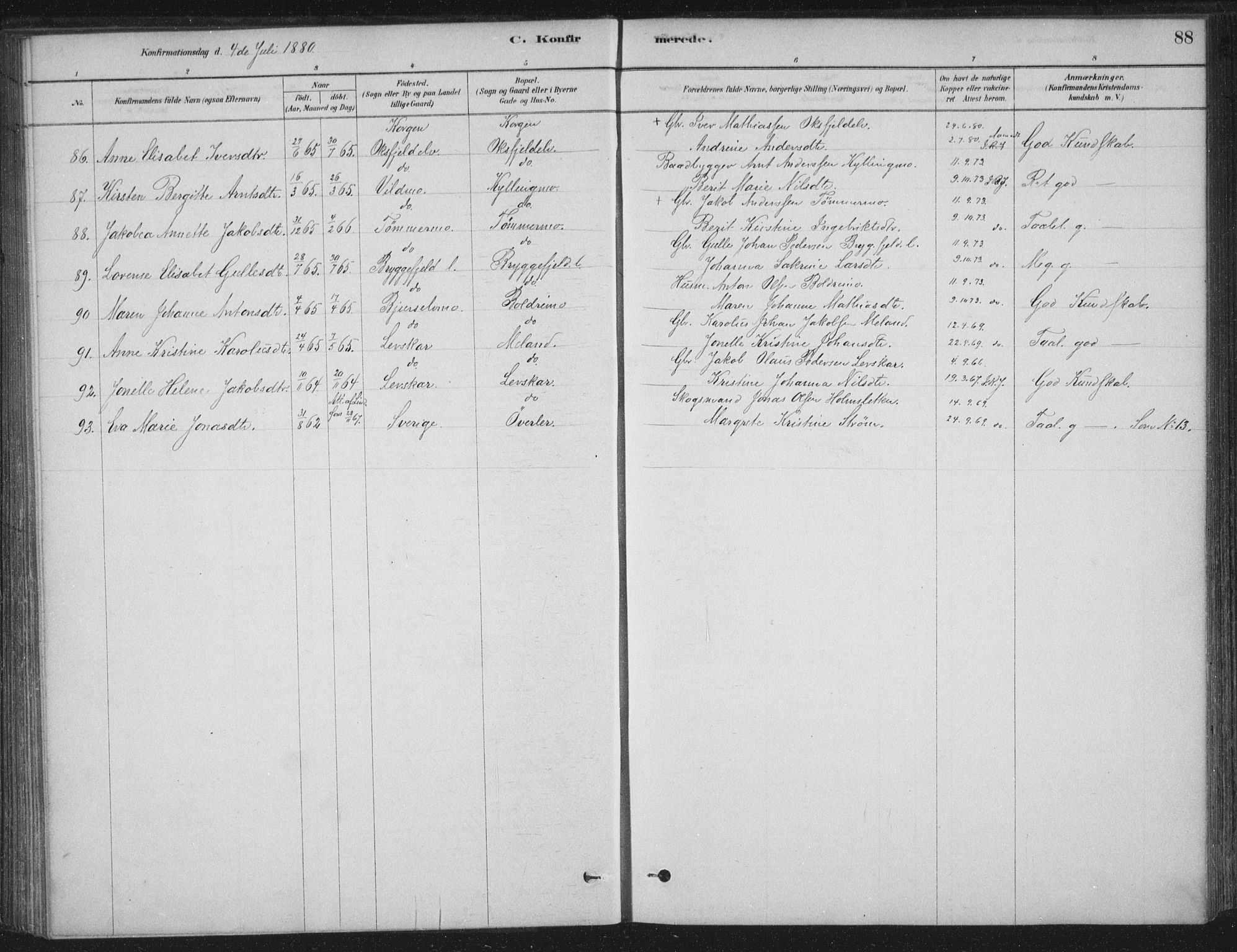 Ministerialprotokoller, klokkerbøker og fødselsregistre - Nordland, AV/SAT-A-1459/825/L0361: Parish register (official) no. 825A15, 1878-1893, p. 88