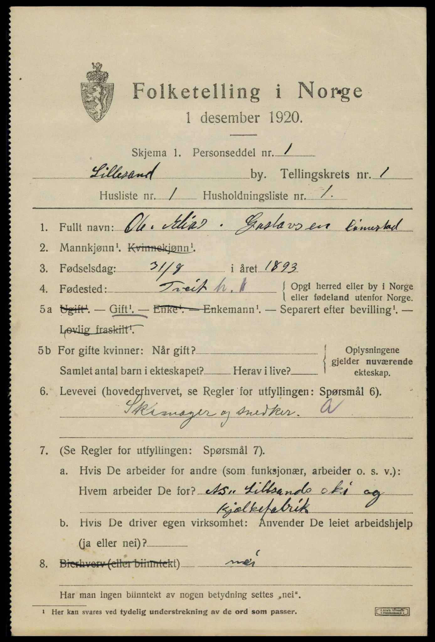 SAK, 1920 census for Lillesand, 1920, p. 1149