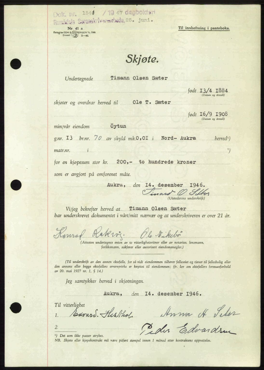 Romsdal sorenskriveri, AV/SAT-A-4149/1/2/2C: Mortgage book no. A23, 1947-1947, Diary no: : 1541/1947