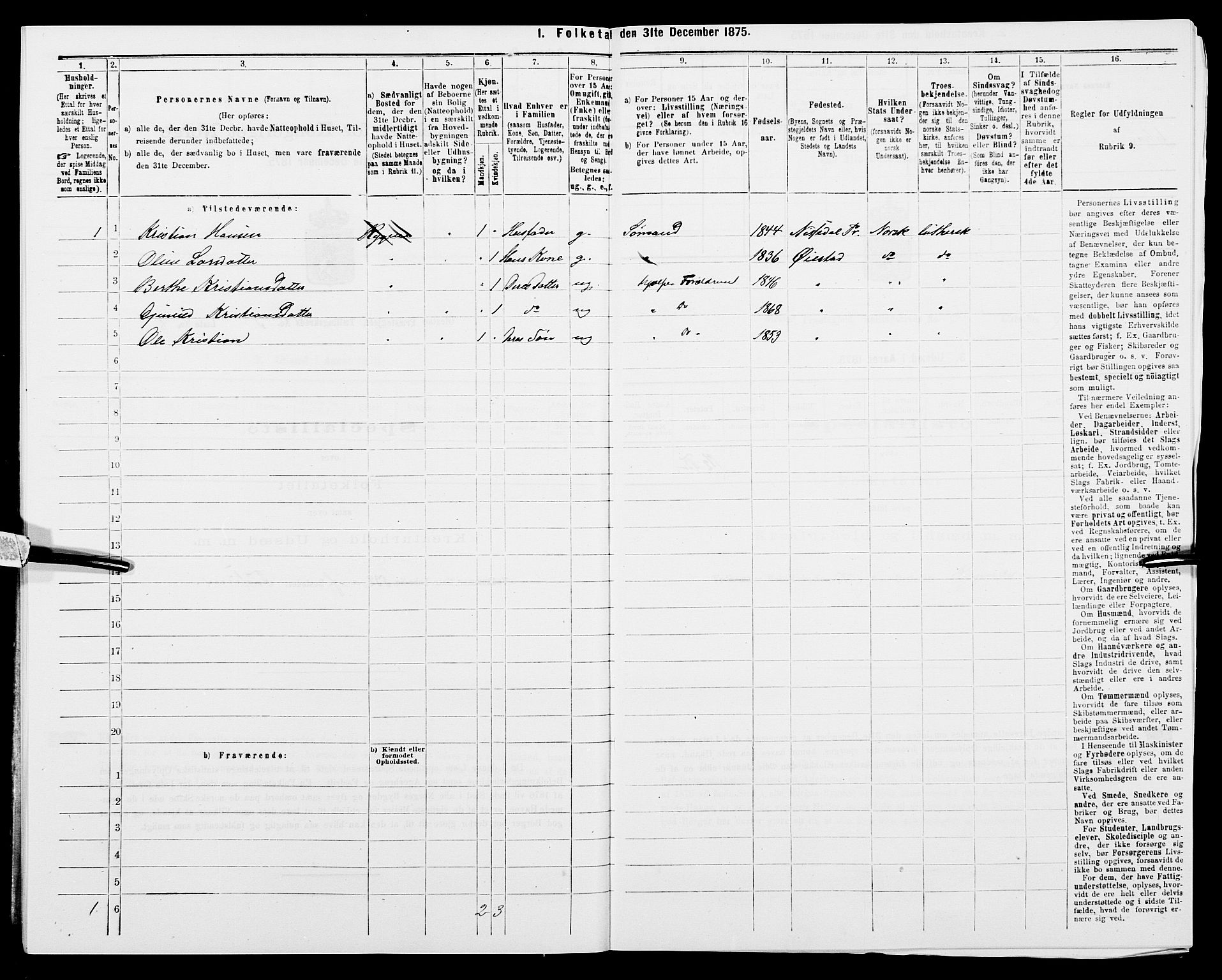 SAK, 1875 census for 0920P Øyestad, 1875, p. 332