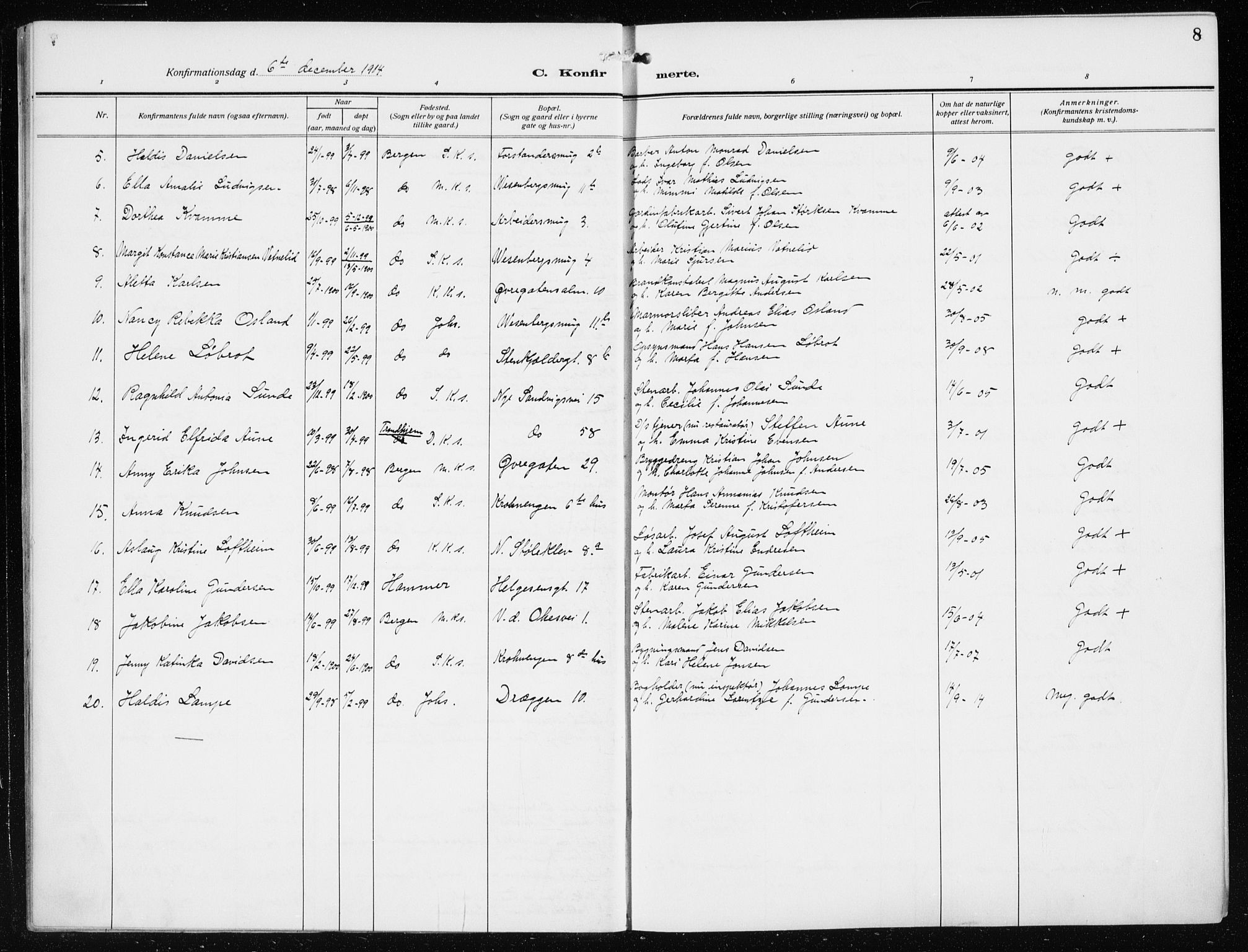 Mariakirken Sokneprestembete, AV/SAB-A-76901/H/Haa/L0015: Parish register (official) no. C 3, 1913-1927, p. 8