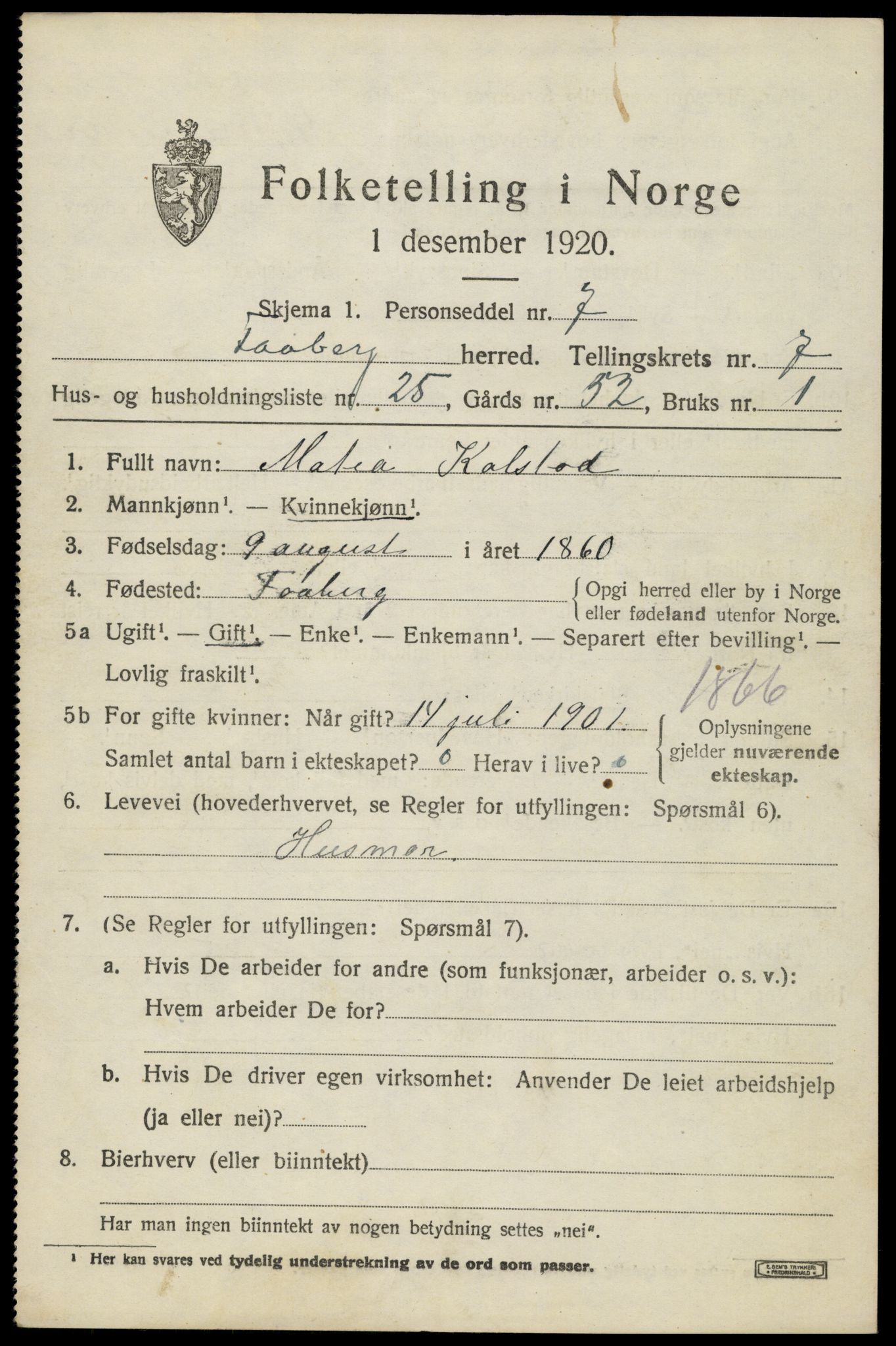 SAH, 1920 census for Fåberg, 1920, p. 8250