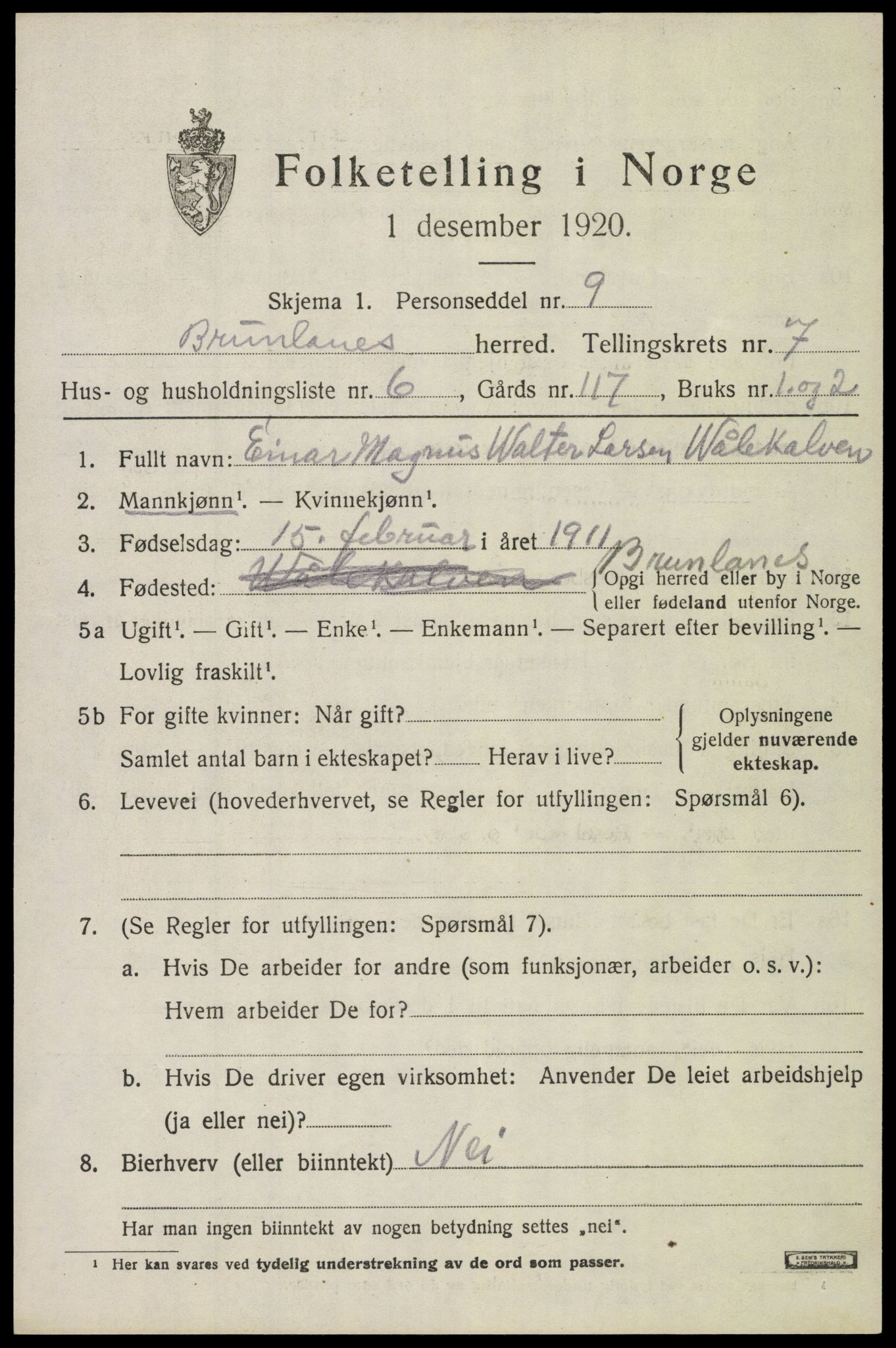 SAKO, 1920 census for Brunlanes, 1920, p. 7151