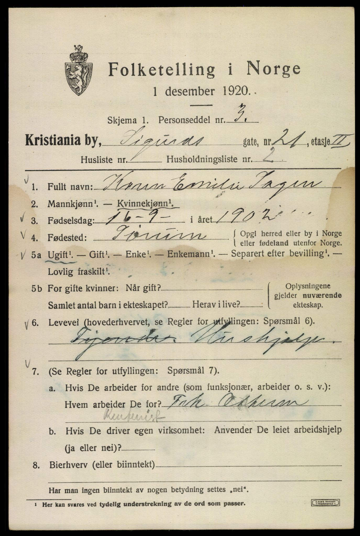 SAO, 1920 census for Kristiania, 1920, p. 511379