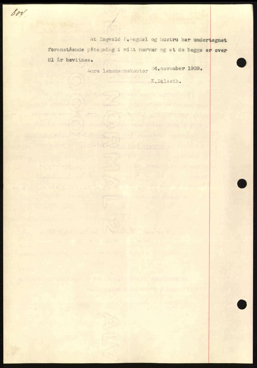 Nordmøre sorenskriveri, AV/SAT-A-4132/1/2/2Ca: Mortgage book no. A87, 1939-1940, Diary no: : 3628/1939