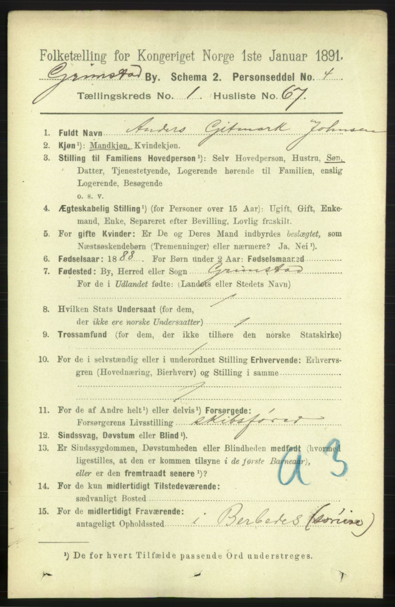 RA, 1891 census for 0904 Grimstad, 1891, p. 1488