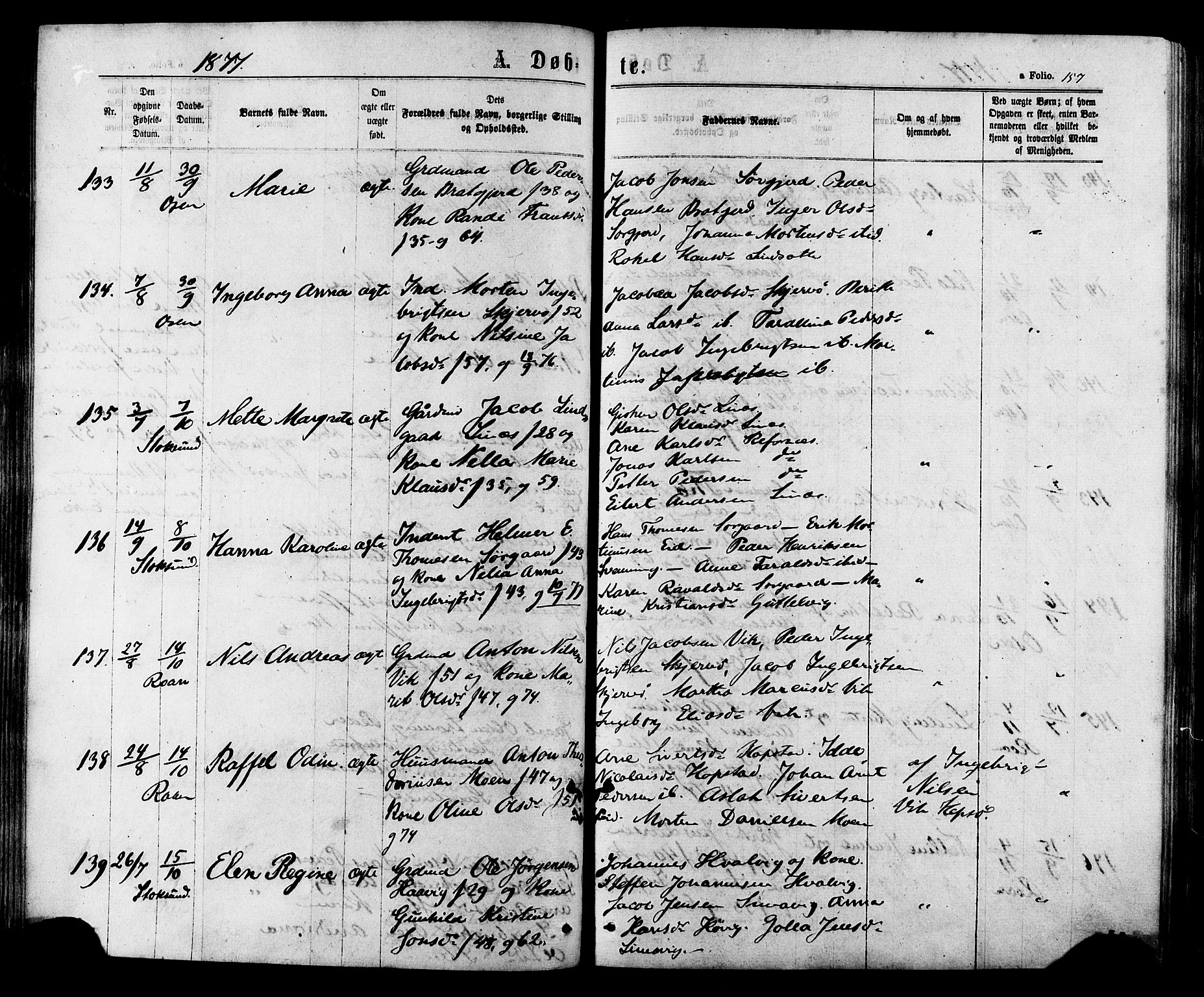 Ministerialprotokoller, klokkerbøker og fødselsregistre - Sør-Trøndelag, AV/SAT-A-1456/657/L0706: Parish register (official) no. 657A07, 1867-1878, p. 157