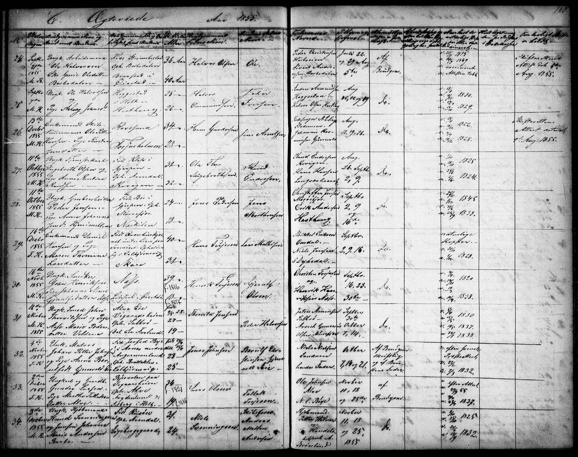 Tromøy sokneprestkontor, AV/SAK-1111-0041/F/Fb/L0002: Parish register (copy) no. B 2, 1851-1858, p. 160