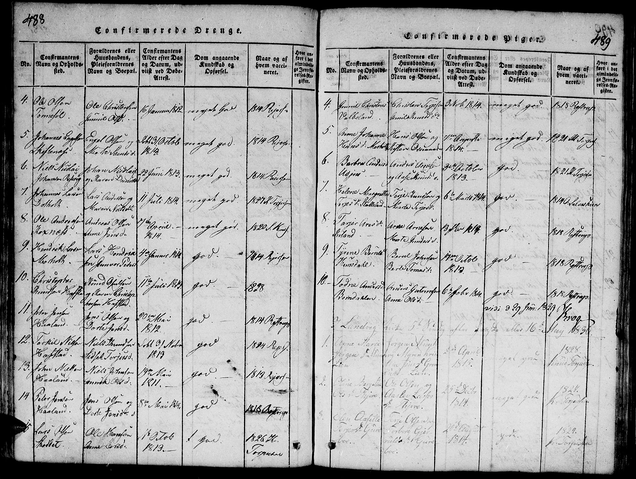 Hommedal sokneprestkontor, AV/SAK-1111-0023/F/Fb/Fbb/L0003: Parish register (copy) no. B 3 /1, 1816-1850, p. 488-489