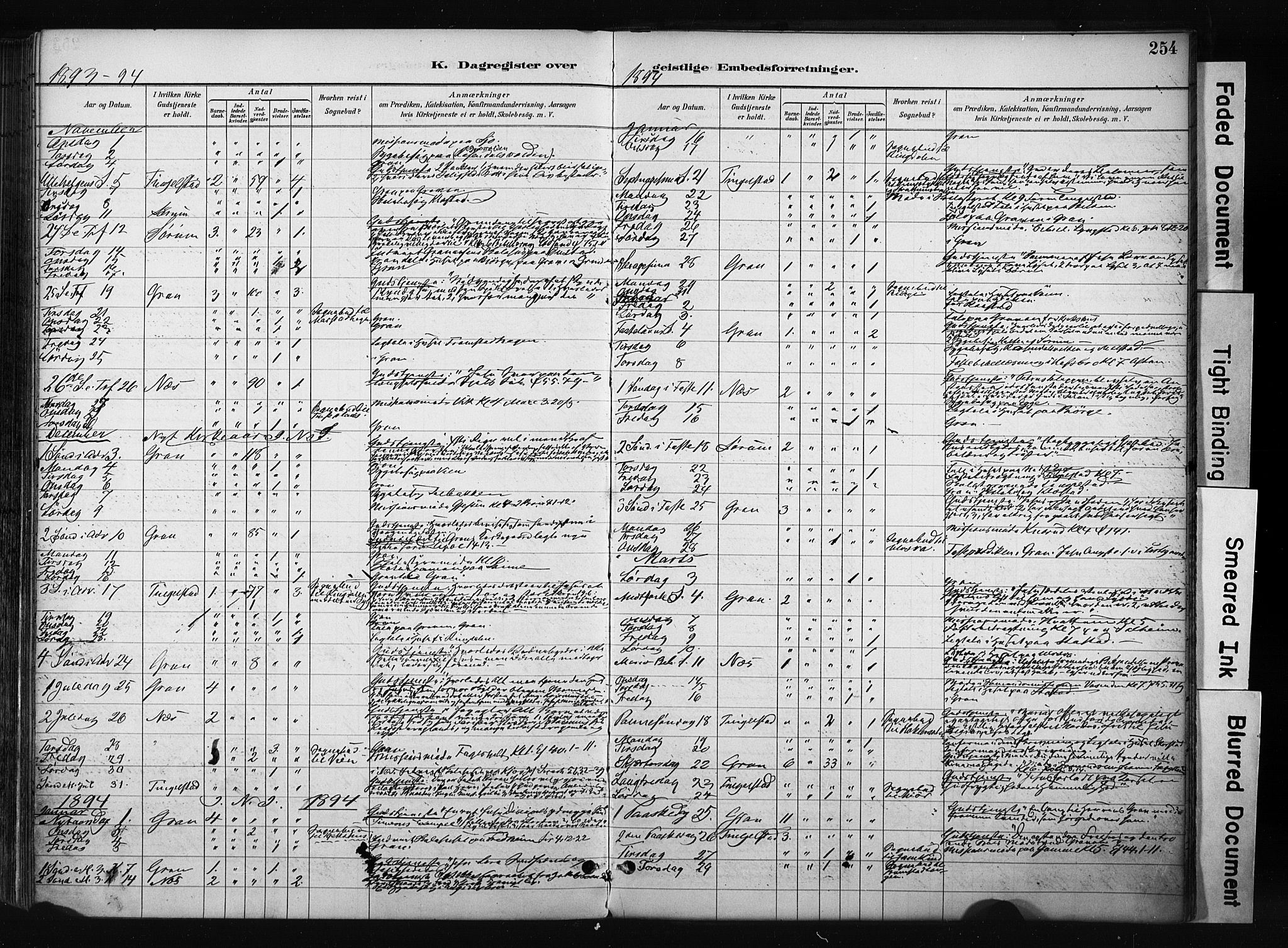 Gran prestekontor, SAH/PREST-112/H/Ha/Haa/L0017: Parish register (official) no. 17, 1889-1897, p. 254