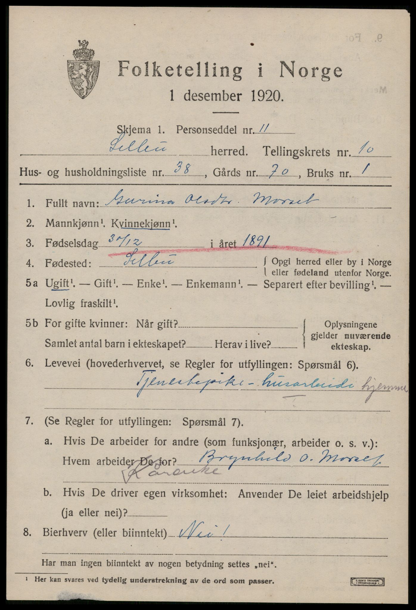 SAT, 1920 census for Selbu, 1920, p. 6180