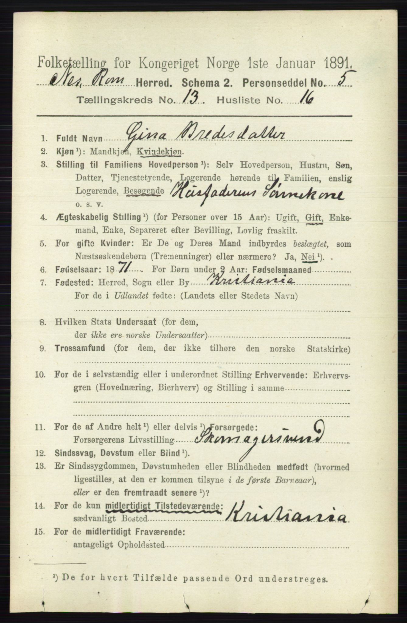 RA, 1891 census for 0236 Nes, 1891, p. 7938