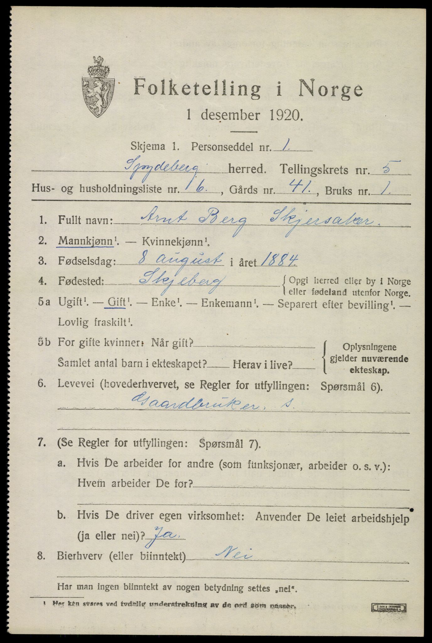 SAO, 1920 census for Spydeberg, 1920, p. 6193