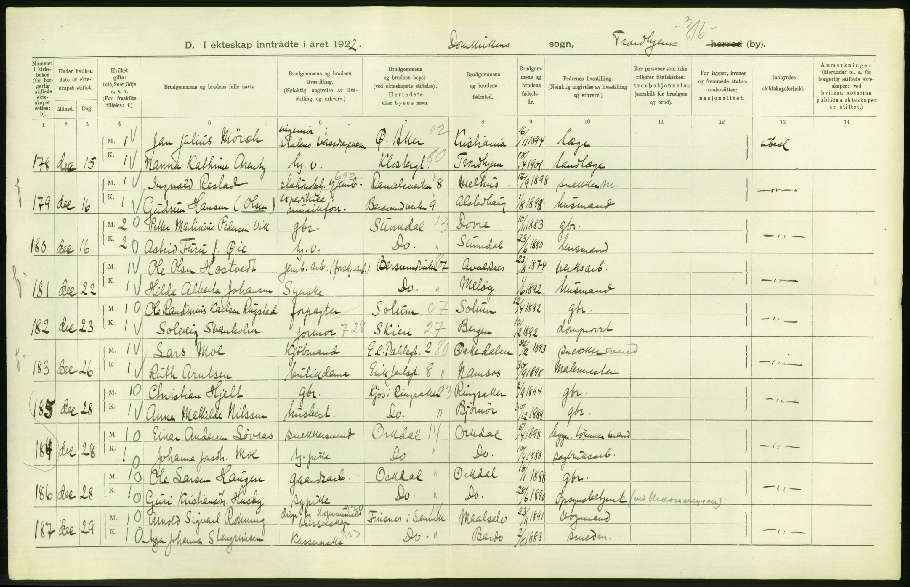 Statistisk sentralbyrå, Sosiodemografiske emner, Befolkning, AV/RA-S-2228/D/Df/Dfc/Dfcb/L0040: Trondheim: Gifte, døde, dødfødte., 1922, p. 50