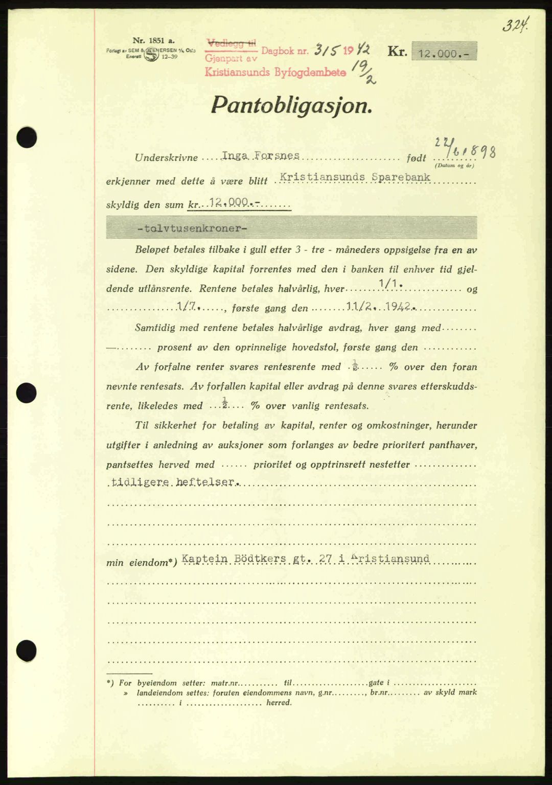 Kristiansund byfogd, AV/SAT-A-4587/A/27: Mortgage book no. 35, 1941-1942, Diary no: : 315/1942