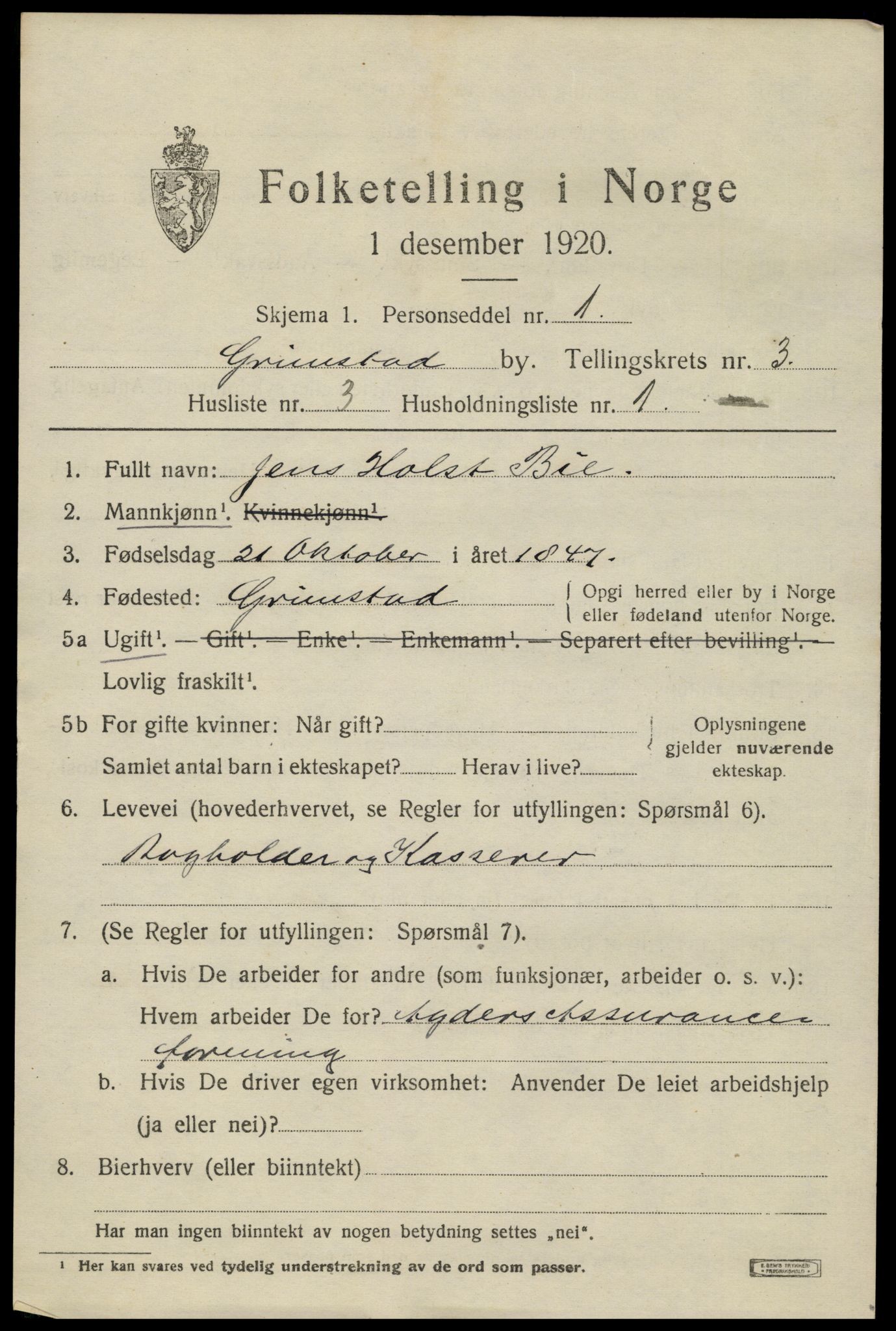 SAK, 1920 census for Grimstad, 1920, p. 4313