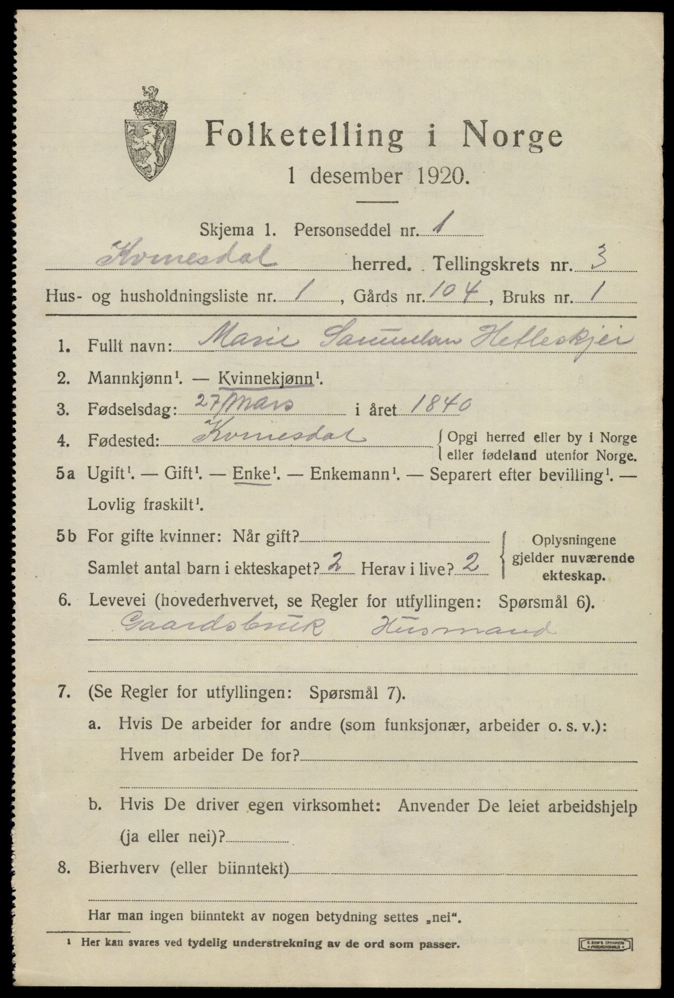 SAK, 1920 census for Kvinesdal, 1920, p. 3163