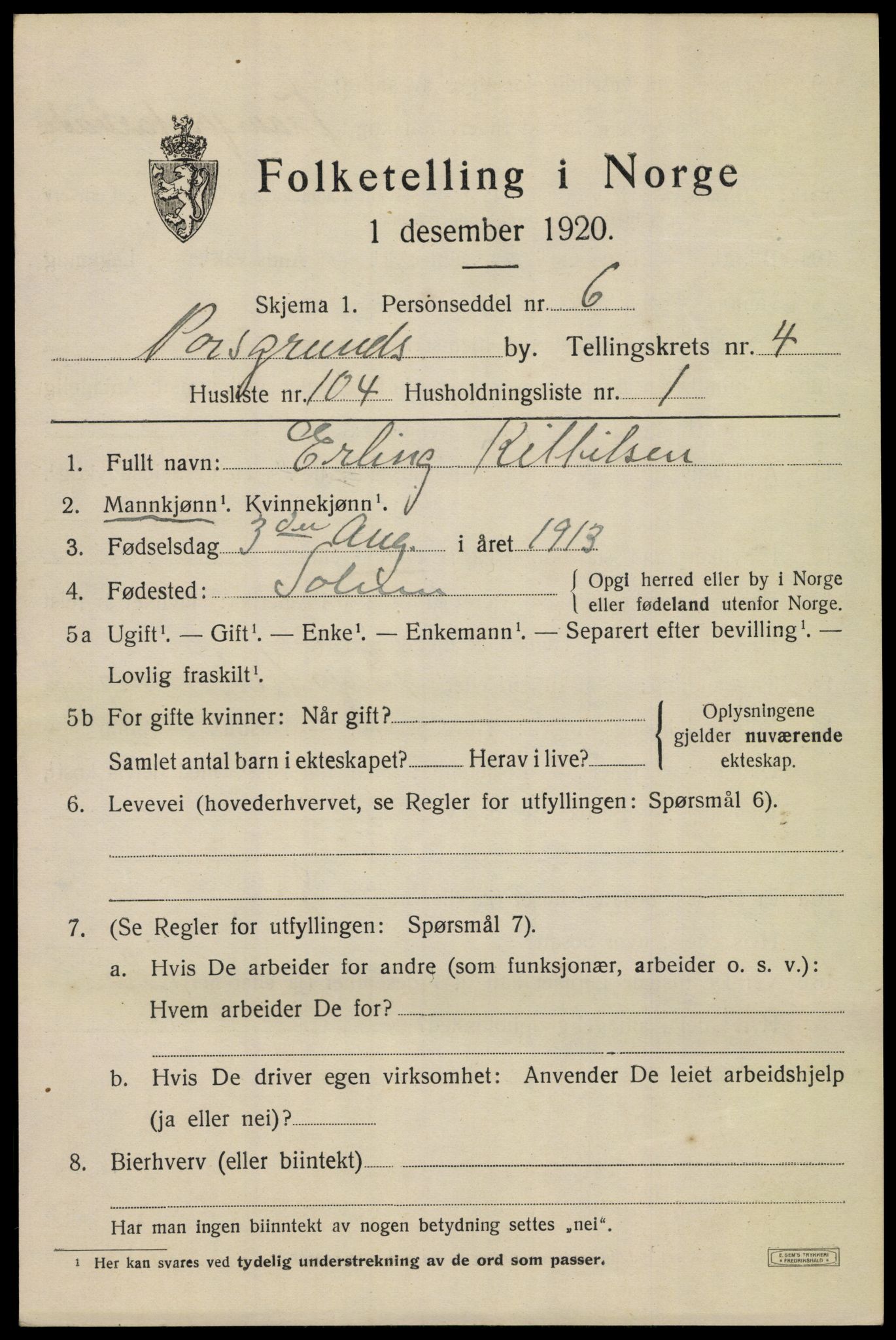 SAKO, 1920 census for Porsgrunn, 1920, p. 19921