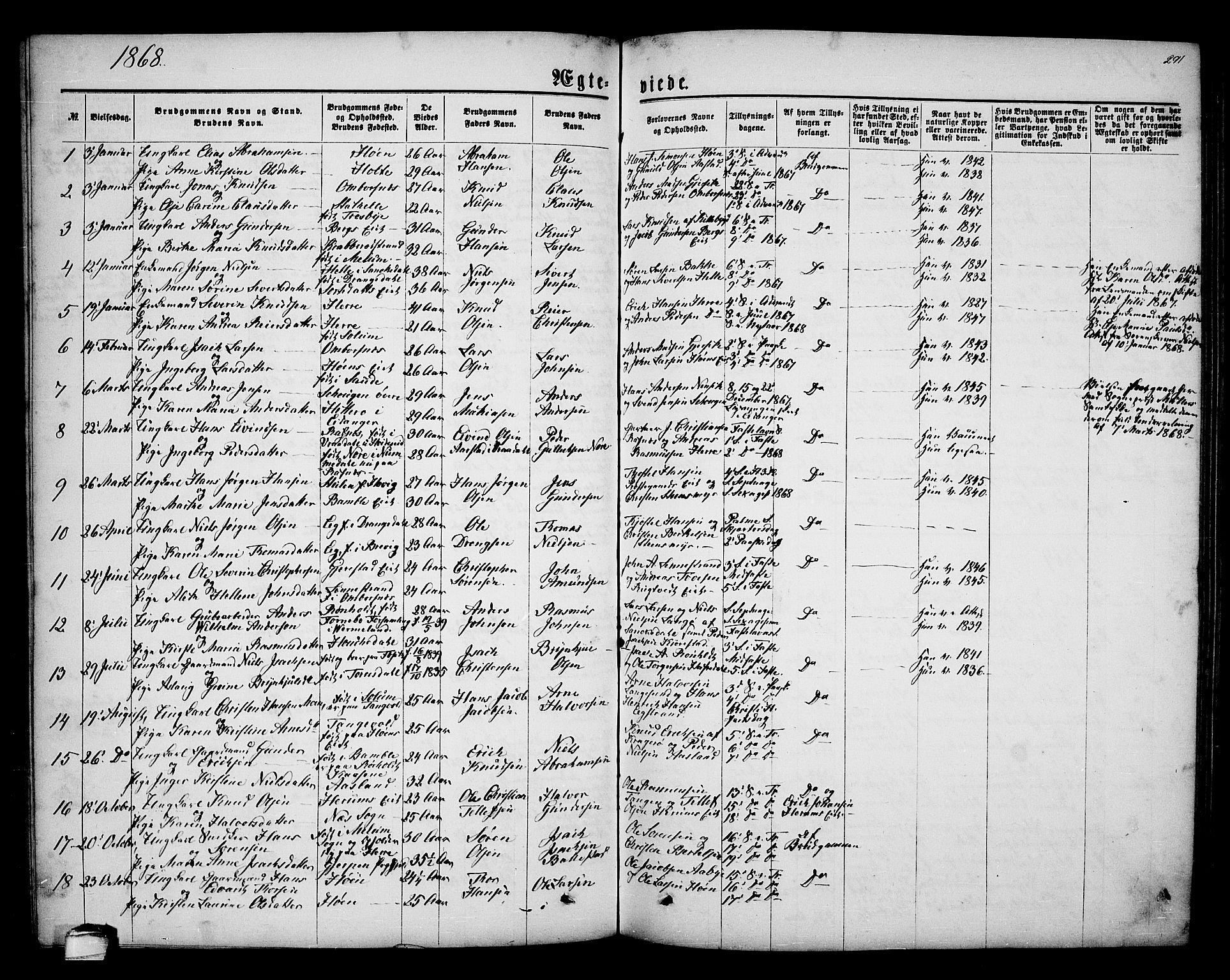 Bamble kirkebøker, SAKO/A-253/G/Ga/L0006: Parish register (copy) no. I 6, 1860-1876, p. 291