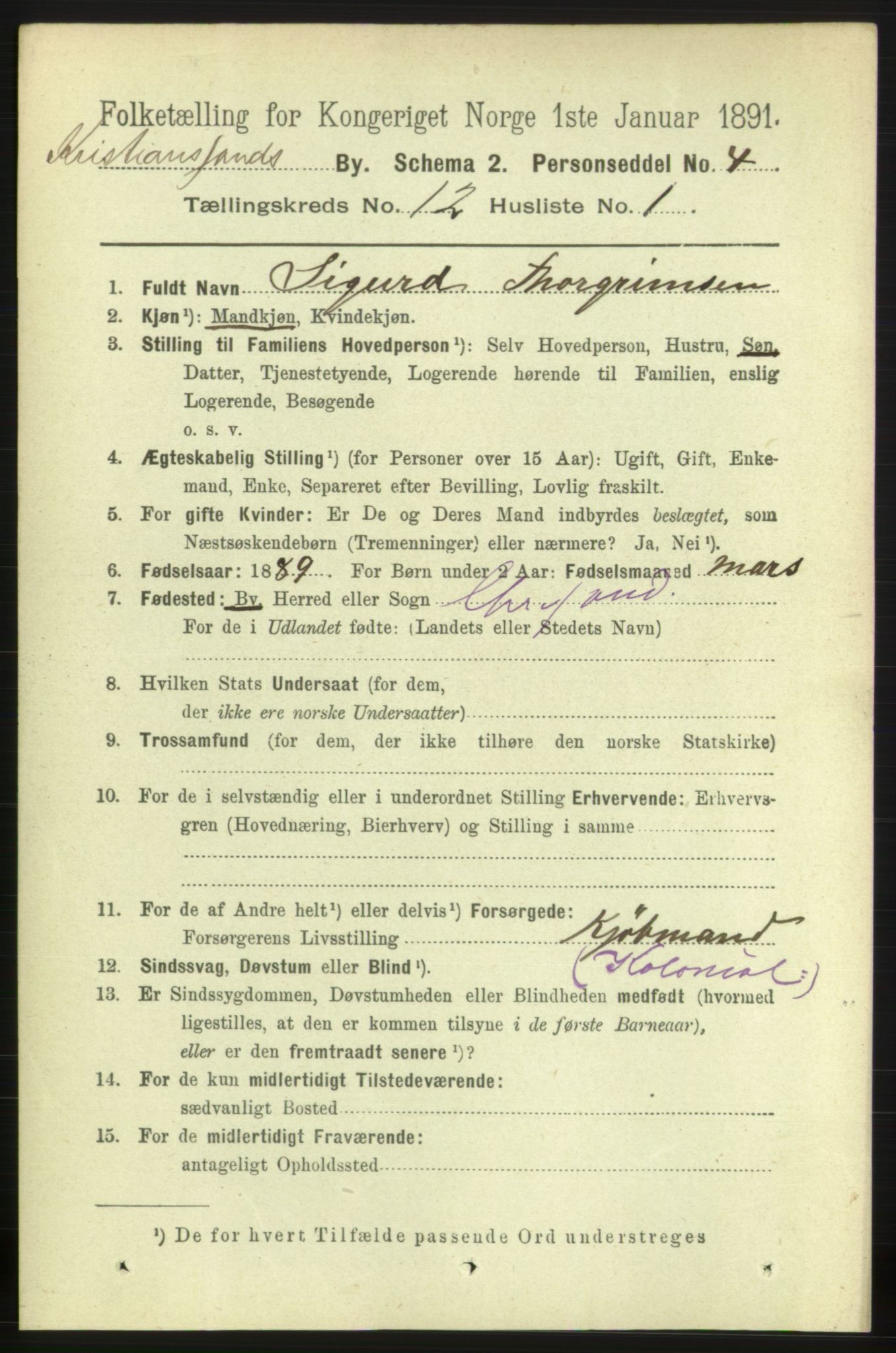 RA, 1891 census for 1001 Kristiansand, 1891, p. 6005