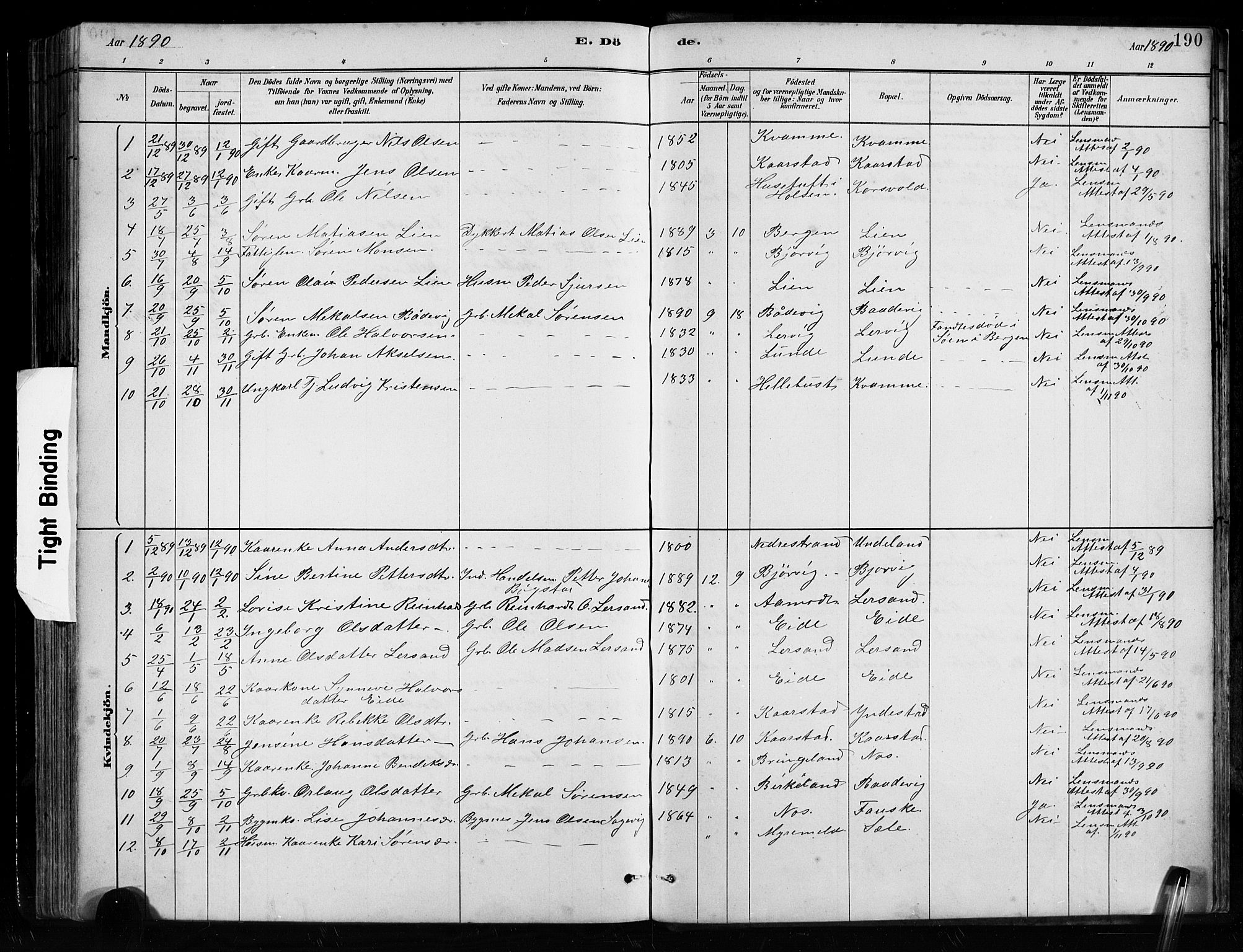 Gaular sokneprestembete, AV/SAB-A-80001/H/Hab: Parish register (copy) no. B 3, 1882-1913, p. 190