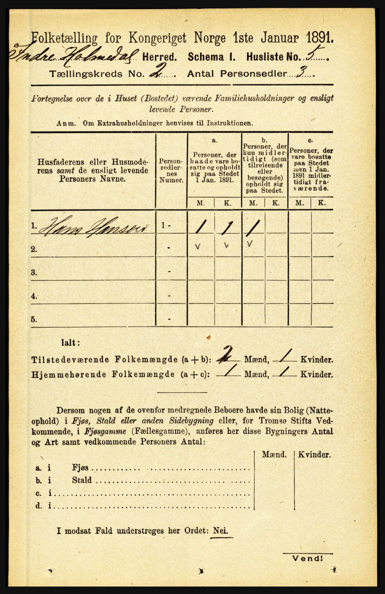 RA, 1891 census for 1430 Indre Holmedal, 1891, p. 405