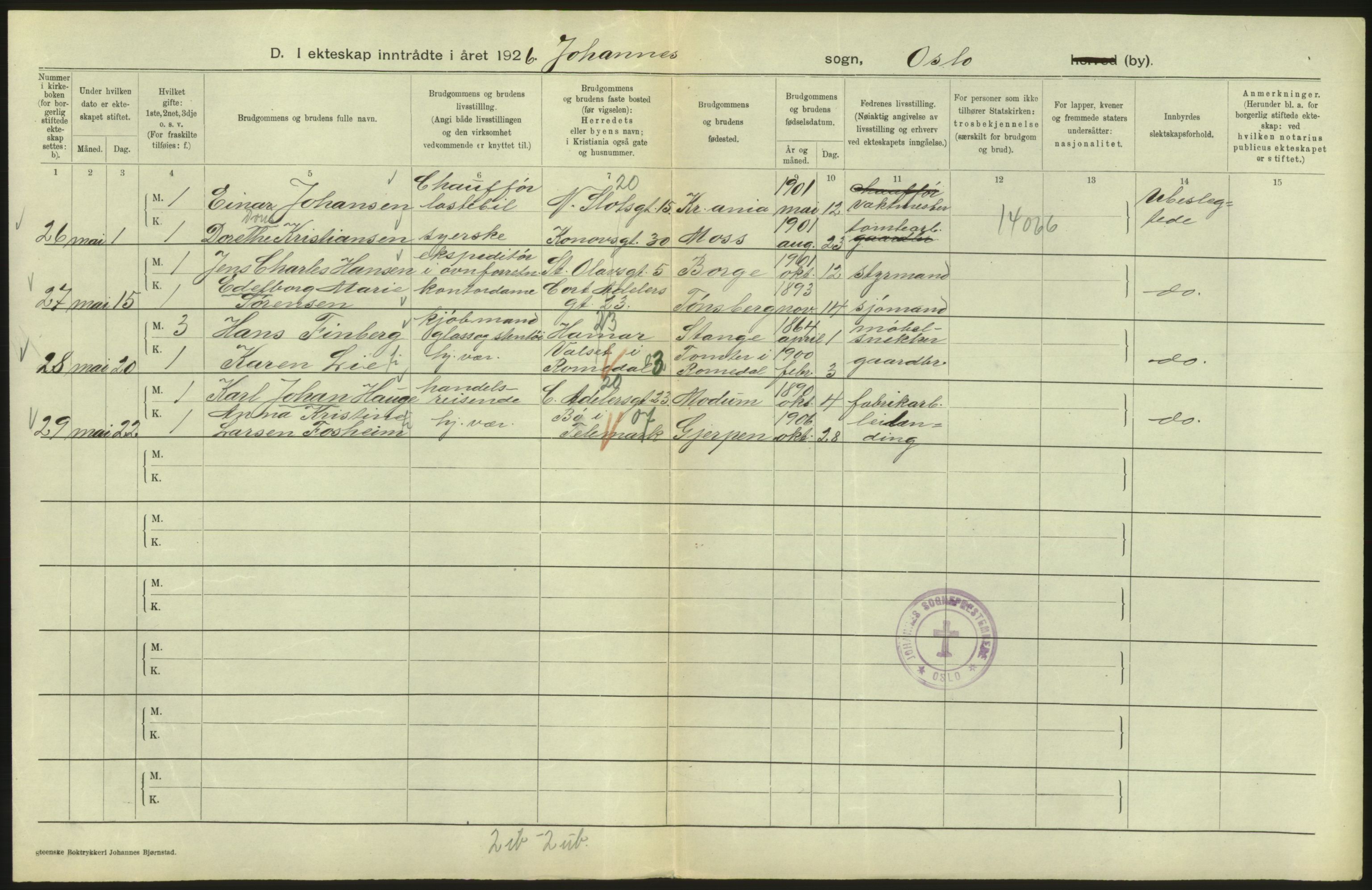 Statistisk sentralbyrå, Sosiodemografiske emner, Befolkning, AV/RA-S-2228/D/Df/Dfc/Dfcf/L0008: Oslo: Gifte, 1926, p. 144