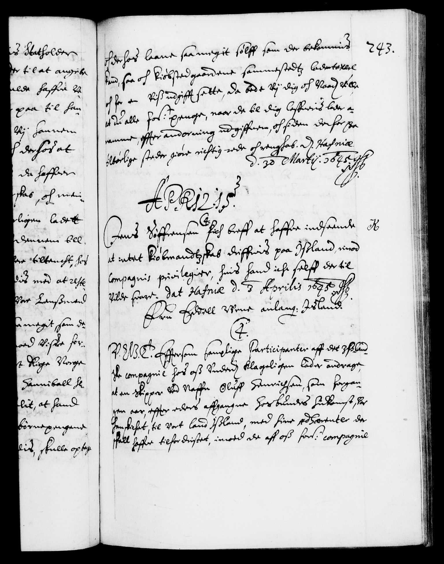 Danske Kanselli 1572-1799, AV/RA-EA-3023/F/Fc/Fca/Fcab/L0007: Norske tegnelser (mikrofilm), 1640-1648, p. 243a