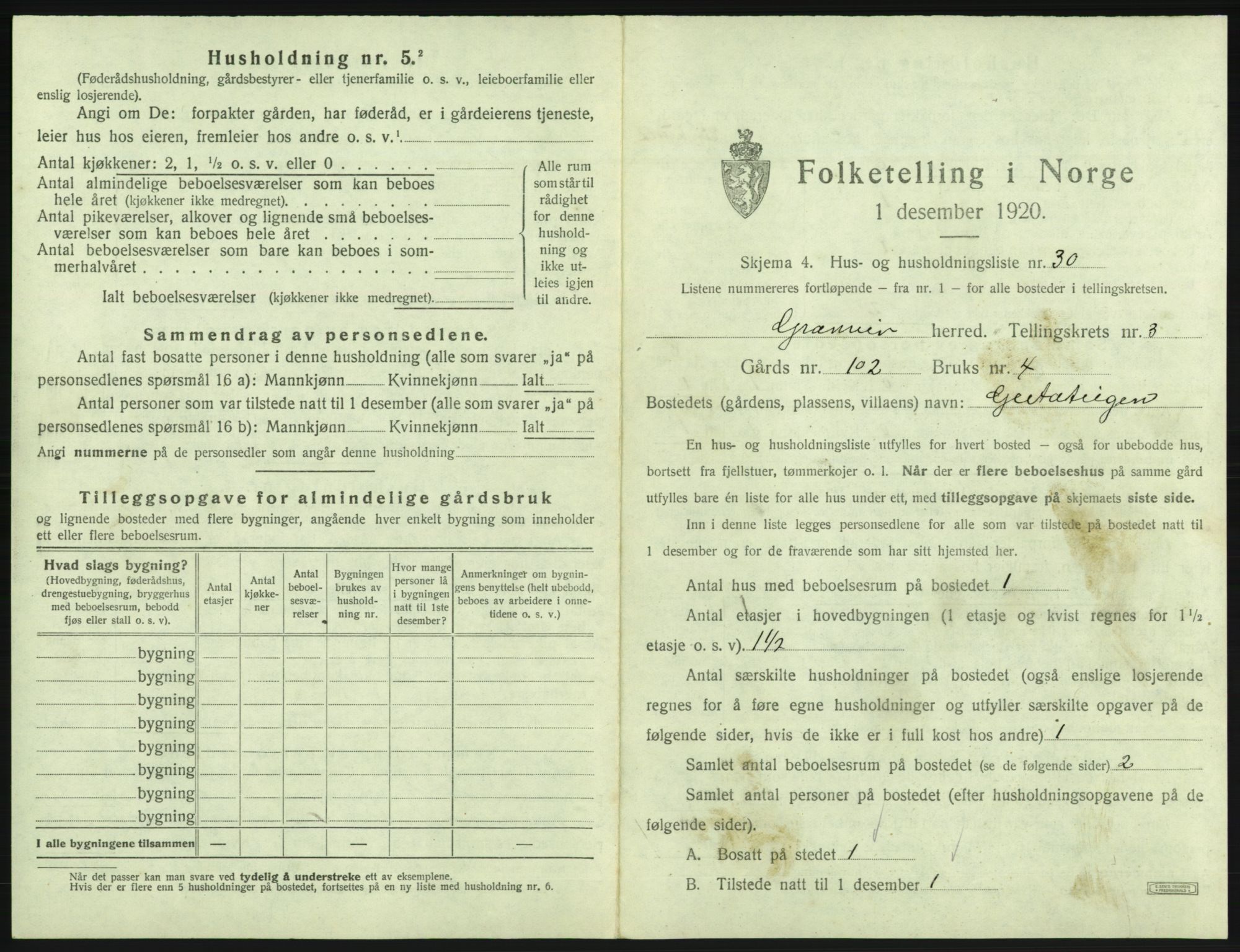 SAB, 1920 census for Granvin, 1920, p. 218