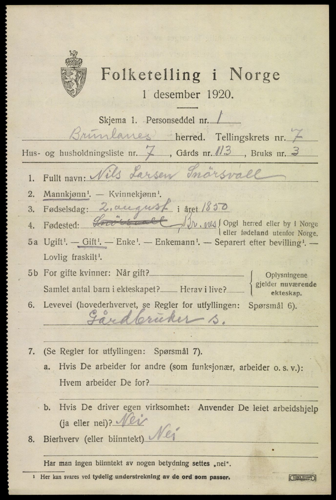 SAKO, 1920 census for Brunlanes, 1920, p. 7157