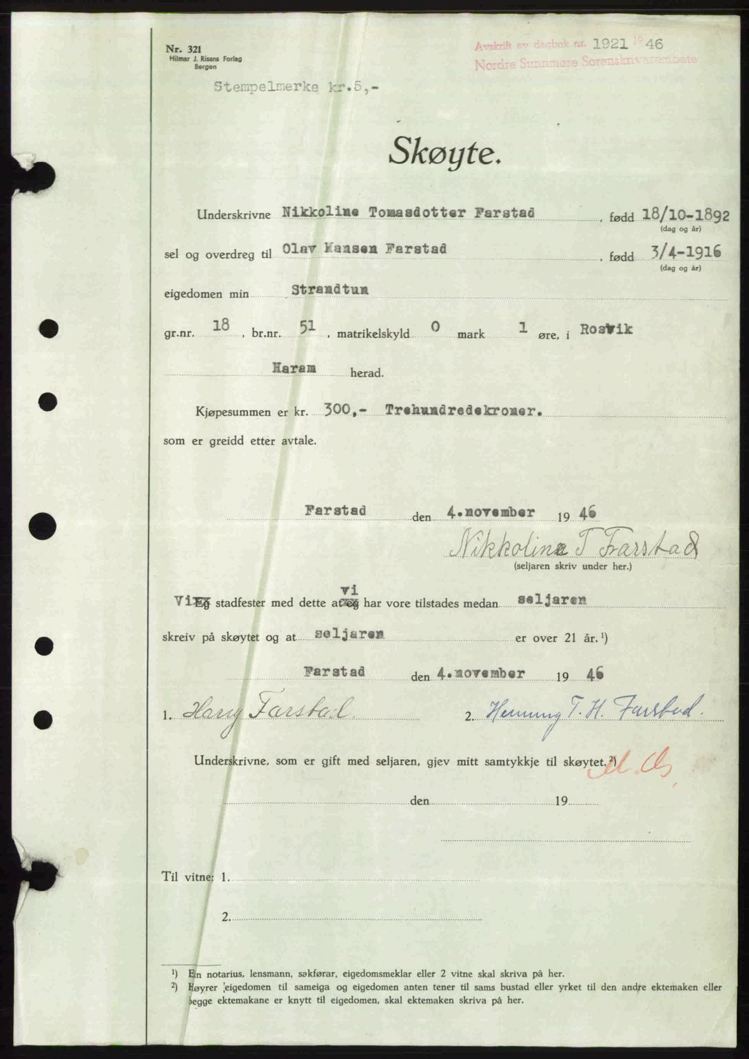 Nordre Sunnmøre sorenskriveri, AV/SAT-A-0006/1/2/2C/2Ca: Mortgage book no. A23, 1946-1947, Diary no: : 1921/1946